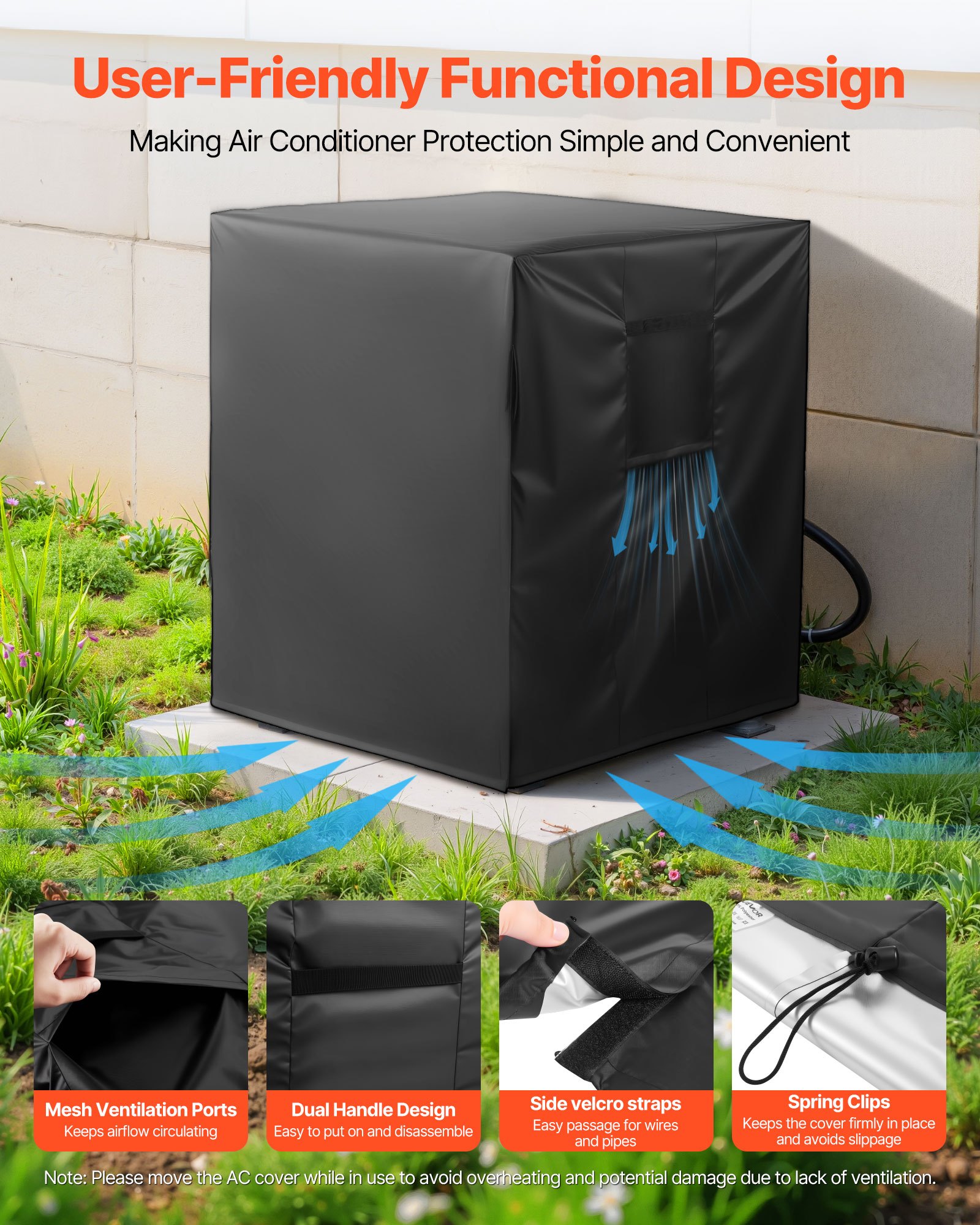 VEVOR Funda Protectora para Aire Acondicionado, 762 x 762 x 810 mm, Tejido de Poliéster Impermeable de Tres Capas, con Clips de Resorte, Tamaño Universal para Uso en Exteriores, Negro, 4 Lados