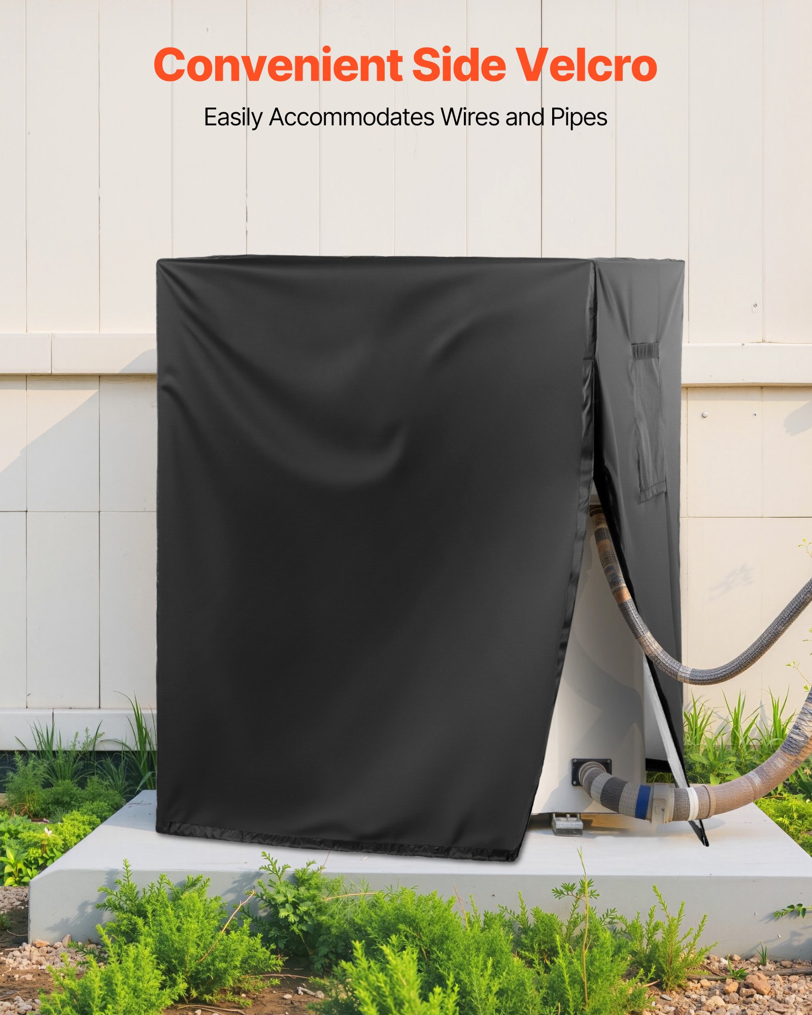 VEVOR Funda para Aire Acondicionado, 660 x 660 x 812 mm, Poliéster Impermeable de Tres Capas, Cordón en La Parte Inferior con Clips de Resorte, Universal, para Exteriores, Color Negro, 4 Lados