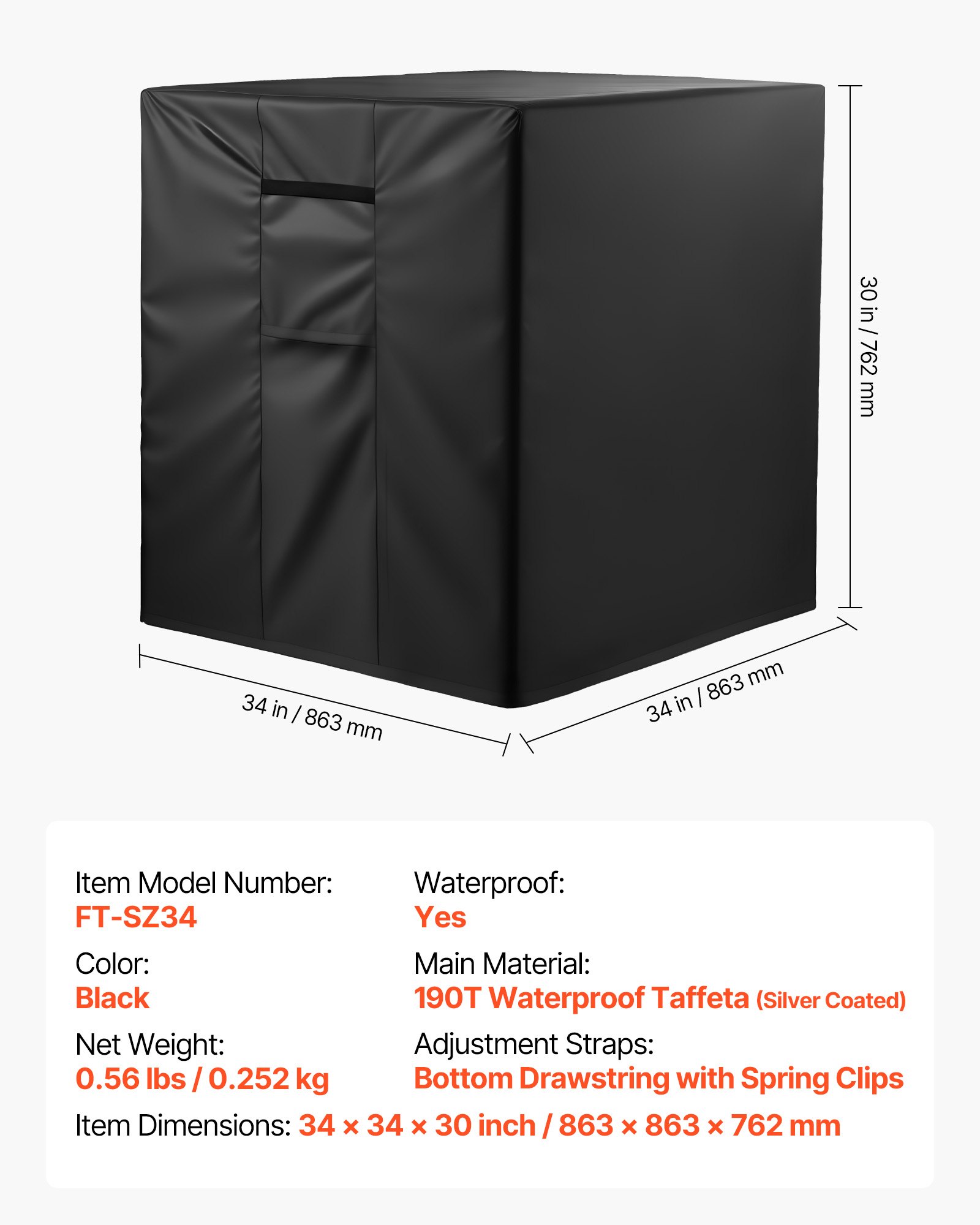 VEVOR Funda para Aire Acondicionado, 863 x 863 x 762 mm, Poliéster Impermeable de Tres Capas, Cordón en La Parte Inferior con Clips de Resorte, Universal, para Exteriores, Color Negro, 4 Lados