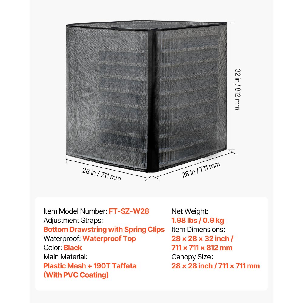 VEVOR Funda Protectora Universal para Aire Acondicionado, 711 x 711 x 812 mm, Techo Extraíble de 2 Capas, Poliéster Impermeable, Malla de Plástico + Tafetán 190T con Revestimiento de PVC, Negro