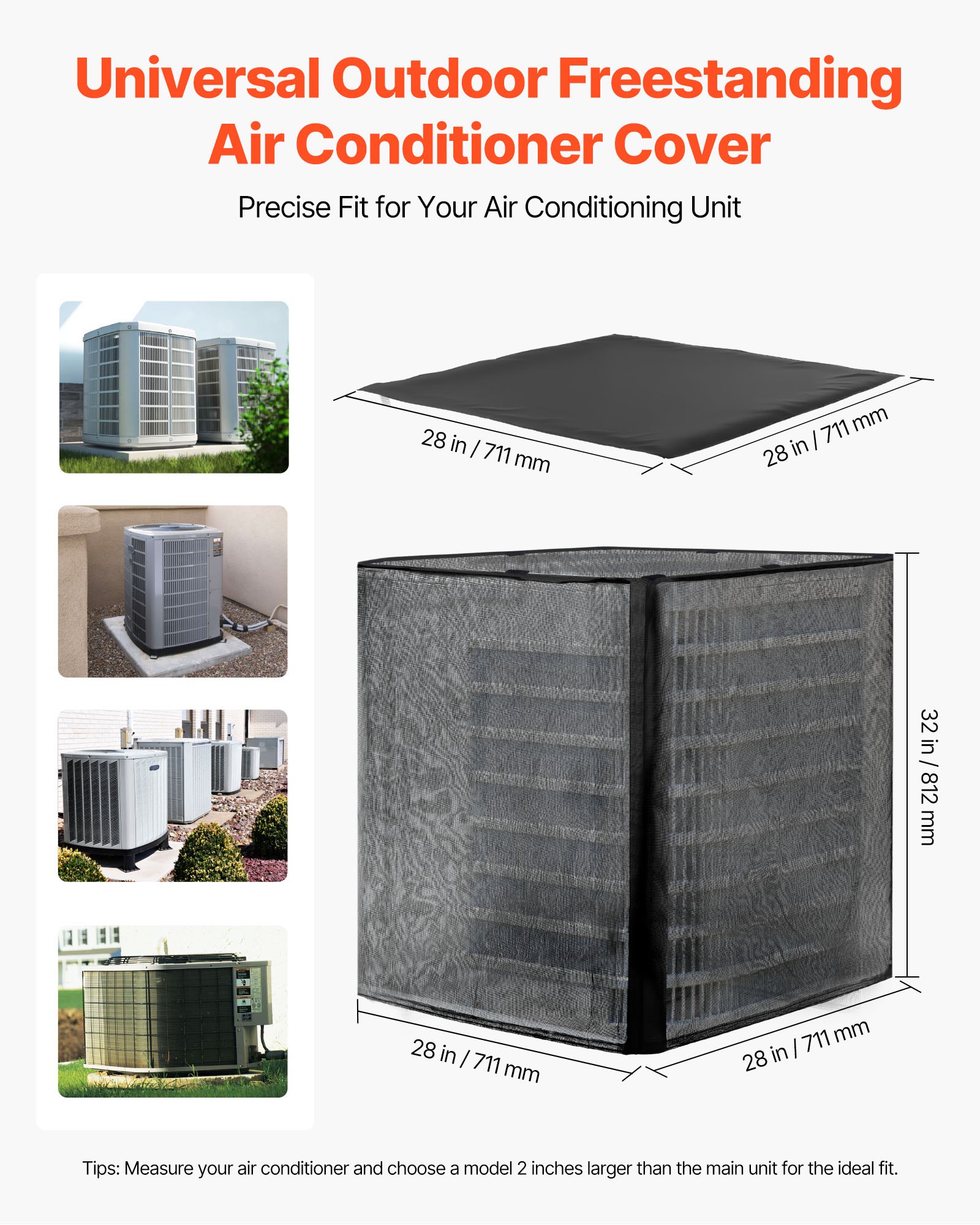 VEVOR Funda Protectora Universal para Aire Acondicionado, 711 x 711 x 812 mm, Techo Extraíble de 2 Capas, Poliéster Impermeable, Malla de Plástico + Tafetán 190T con Revestimiento de PVC, Negro