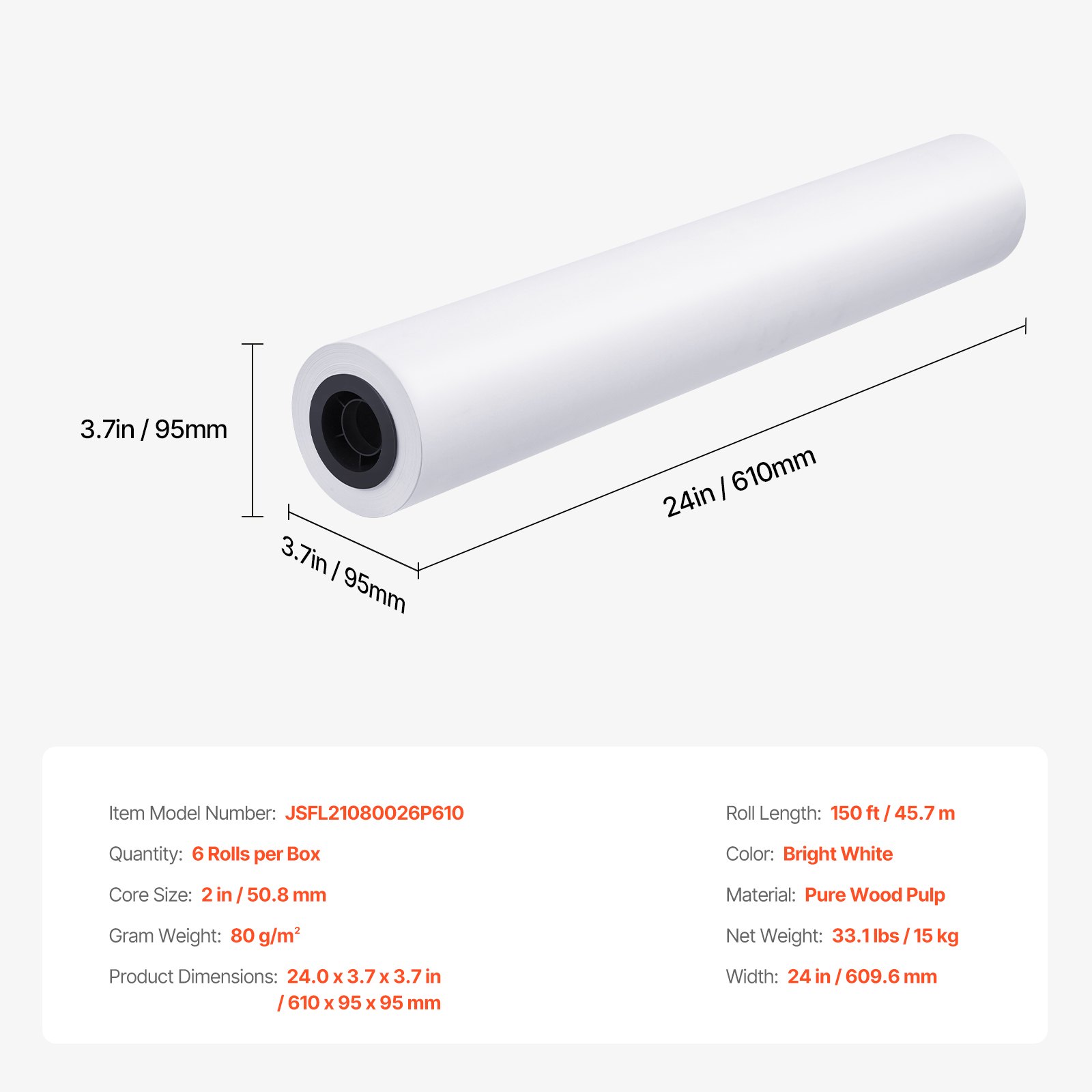 VEVOR Papel de Formato 80 g/㎡ Ancho de 609,6 mm Longitud de 45,7 m 6 Rollos de Papel Bond CAD con Núcleo de 50,8 mm Rollos de Papel Bond para Trazador para Dibujos CAD, Planos de Ingeniería, Blanco