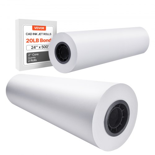 VEVOR Papel de Formato 80 g/㎡ Ancho de 609,6 mm Longitud de 152,4 m 2 Rollos de Papel Bond CAD con Núcleo de 76,2 mm Rollos de Papel Bond para Trazador para Dibujos CAD, Planos de Ingeniería, Blanco