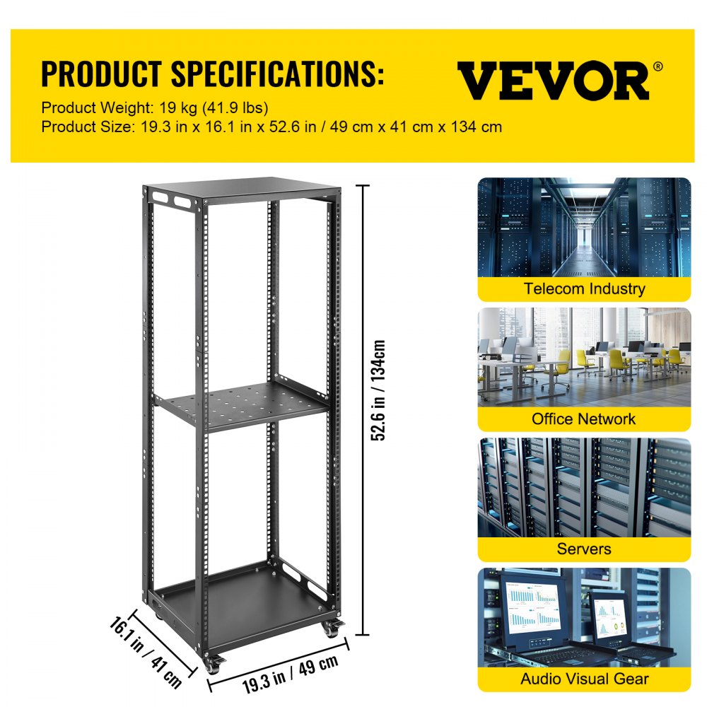 VEVOR Rack de Marco Abierto 19" Armario Rack Abierto 27U 490 x 410 x 1335 mm Armario Rack de Servidores de Marco Abierto Capacidad Carga 180 kg Compatible con Servidores, Telecomunicaciones, Redes, AV