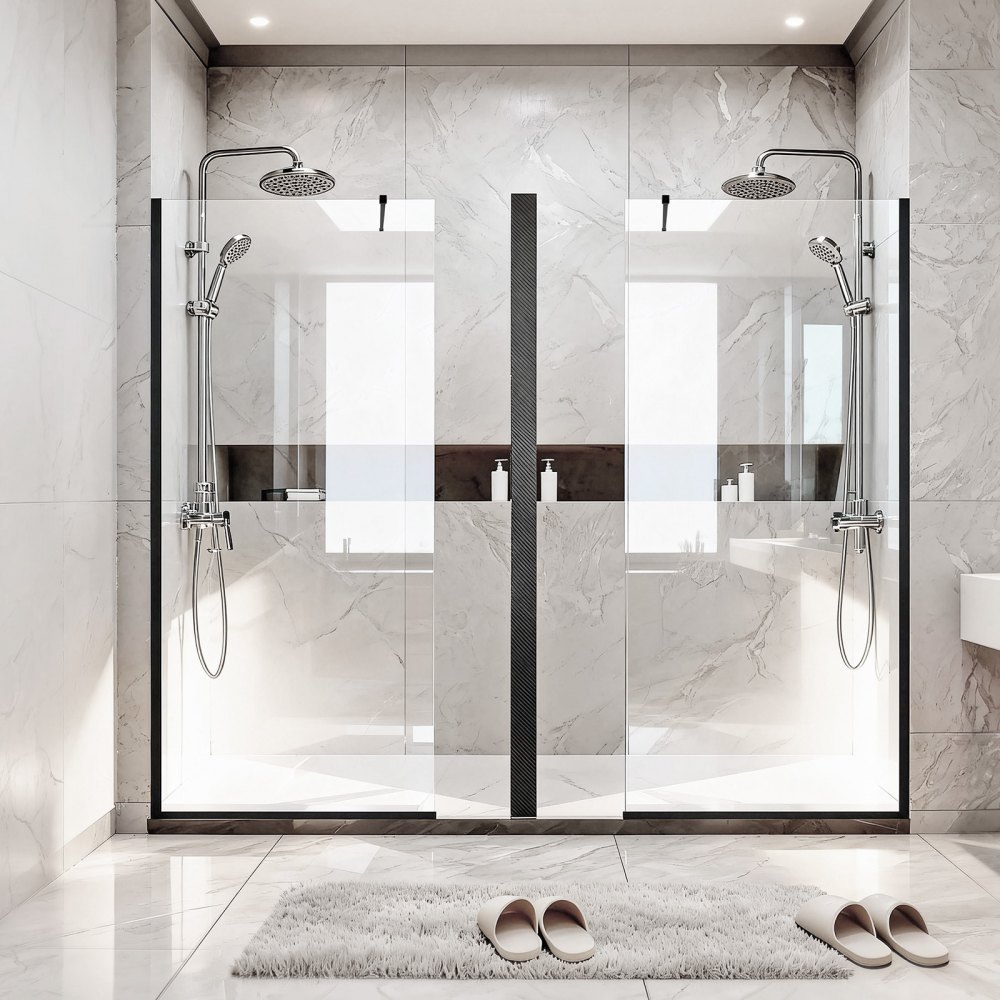 VEVOR Fixed Glass Shower Panel, 864 x 1870 mm Semi-Framed Fixed Shower Screen, 8 mm Thick Clear Tempered Glass Door with Bottom Seal Strip and Hardware, Easy to Clean, for Bathroom, Matte Black