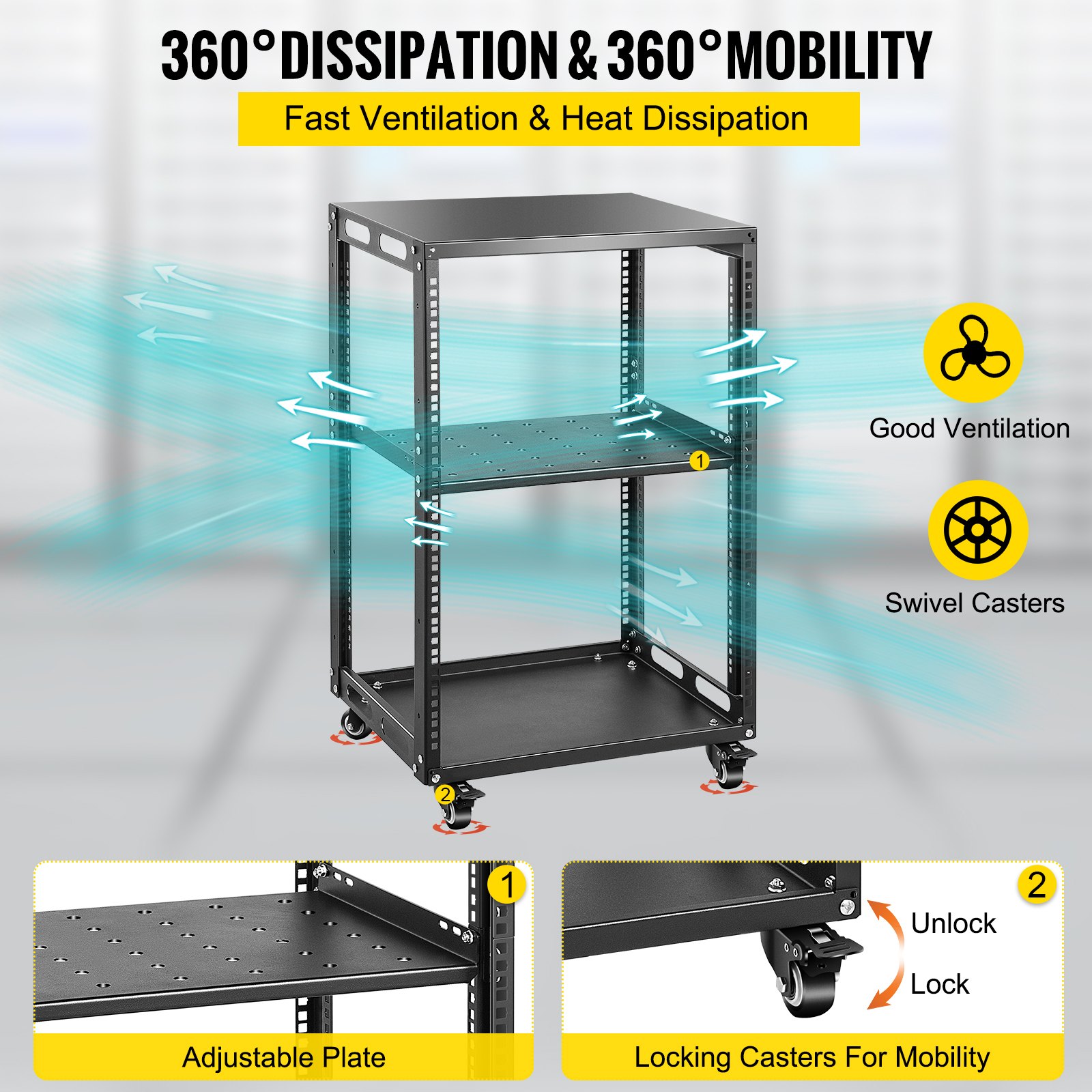 VEVOR Rack de Marco Abierto 19" Armario Rack Abierto 15U 490 x 410 x 760 mm Armario Rack de Servidores de Marco Abierto Capacidad Carga 180 kg Compatible con Servidores, Telecomunicaciones, Redes, AV