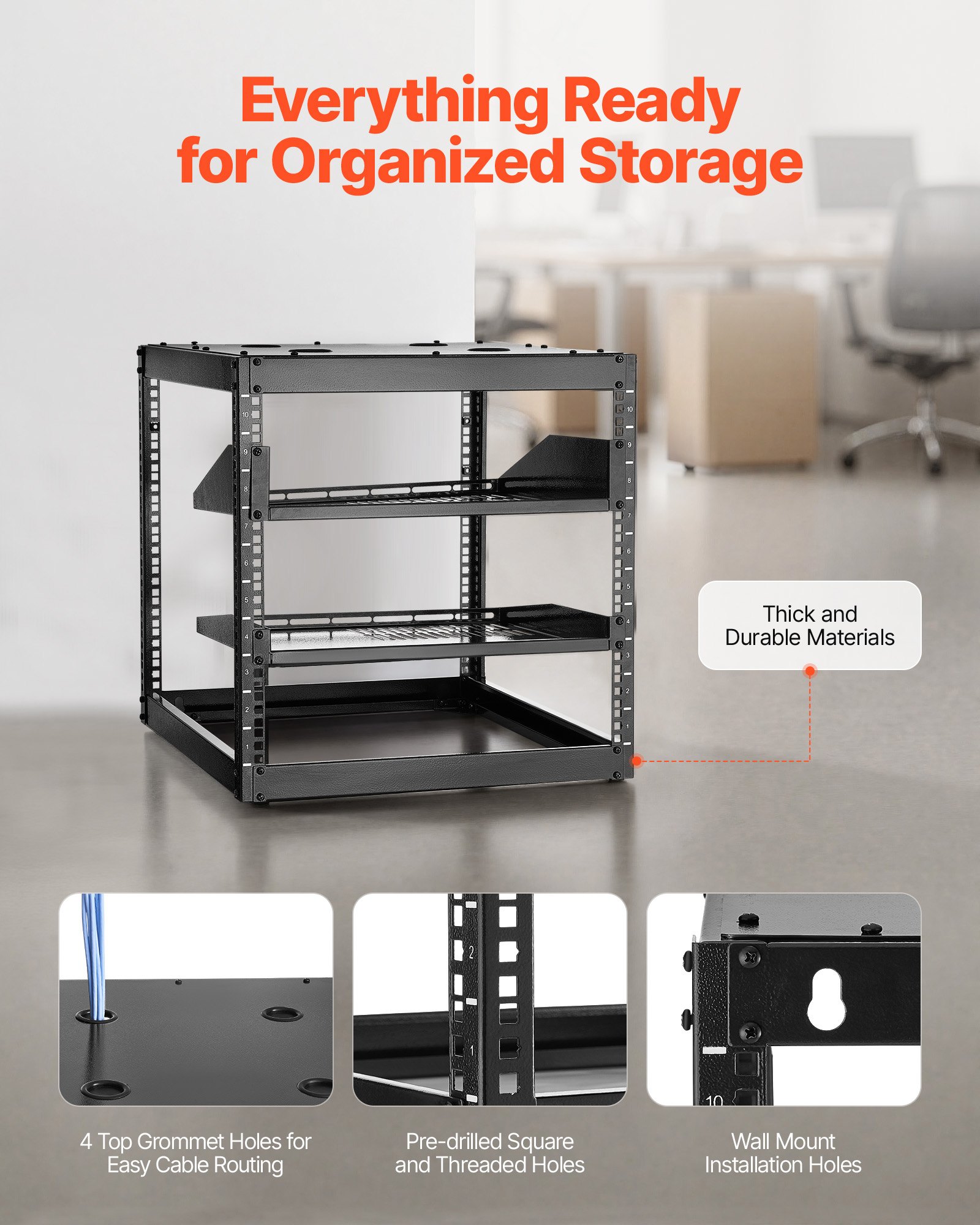 VEVOR 10U Open Frame Network Rack, 585 mm Depth, Wall Mounted or Floor Standing Server Rack, Heavy Duty 4 Post, with Vented Shelves & Mounting Hardware, Holds All Your Networking IT Equipment AV Gear