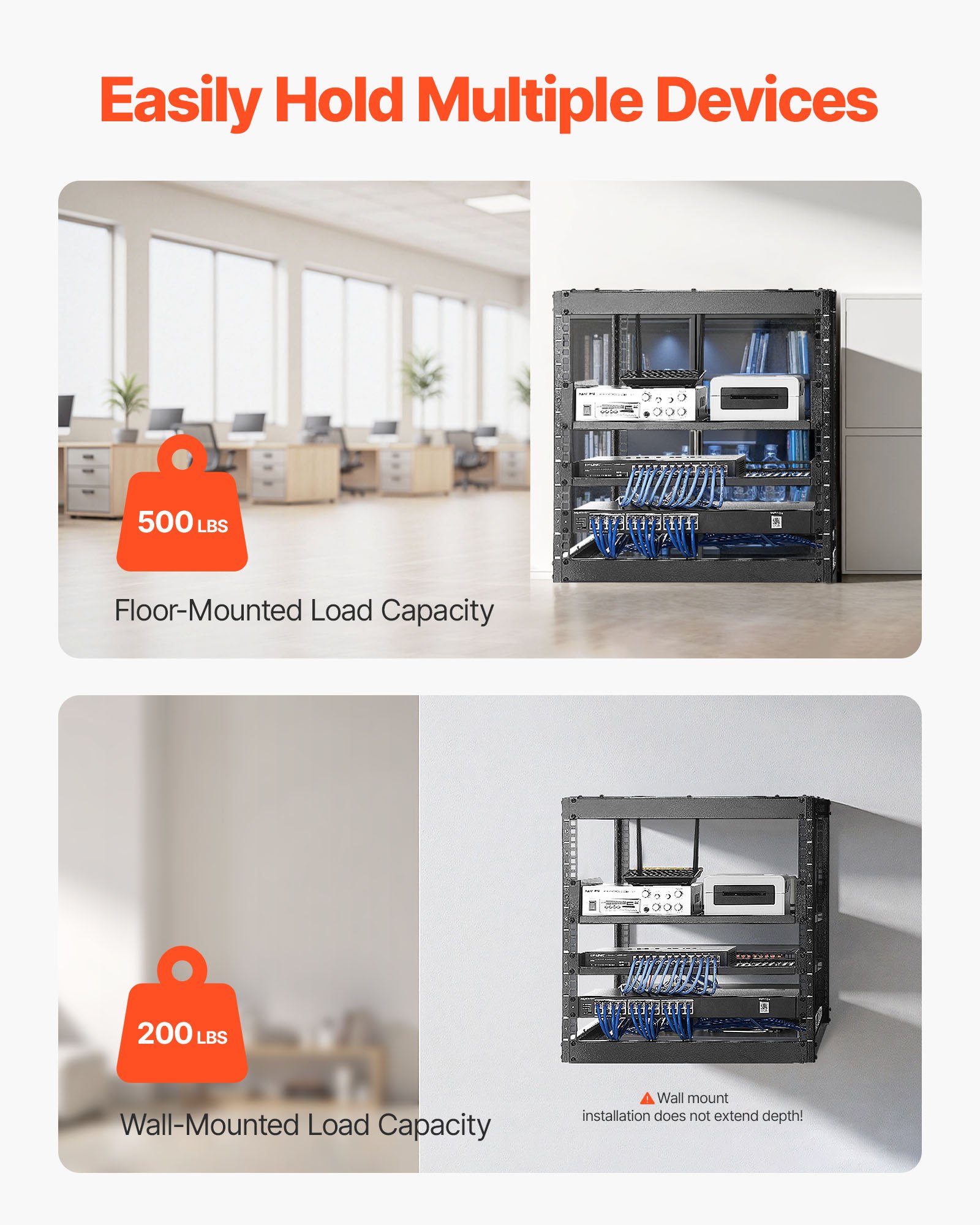 VEVOR Rack de Red Abierto de 10U, 585 mm de Profundidad, Rack de Servidores de Pared o de Suelo, Resistente 4 Postes, con Estantes Ventilados y Herrajes de Montaje, para Todo Equipo de Red/IT/AV
