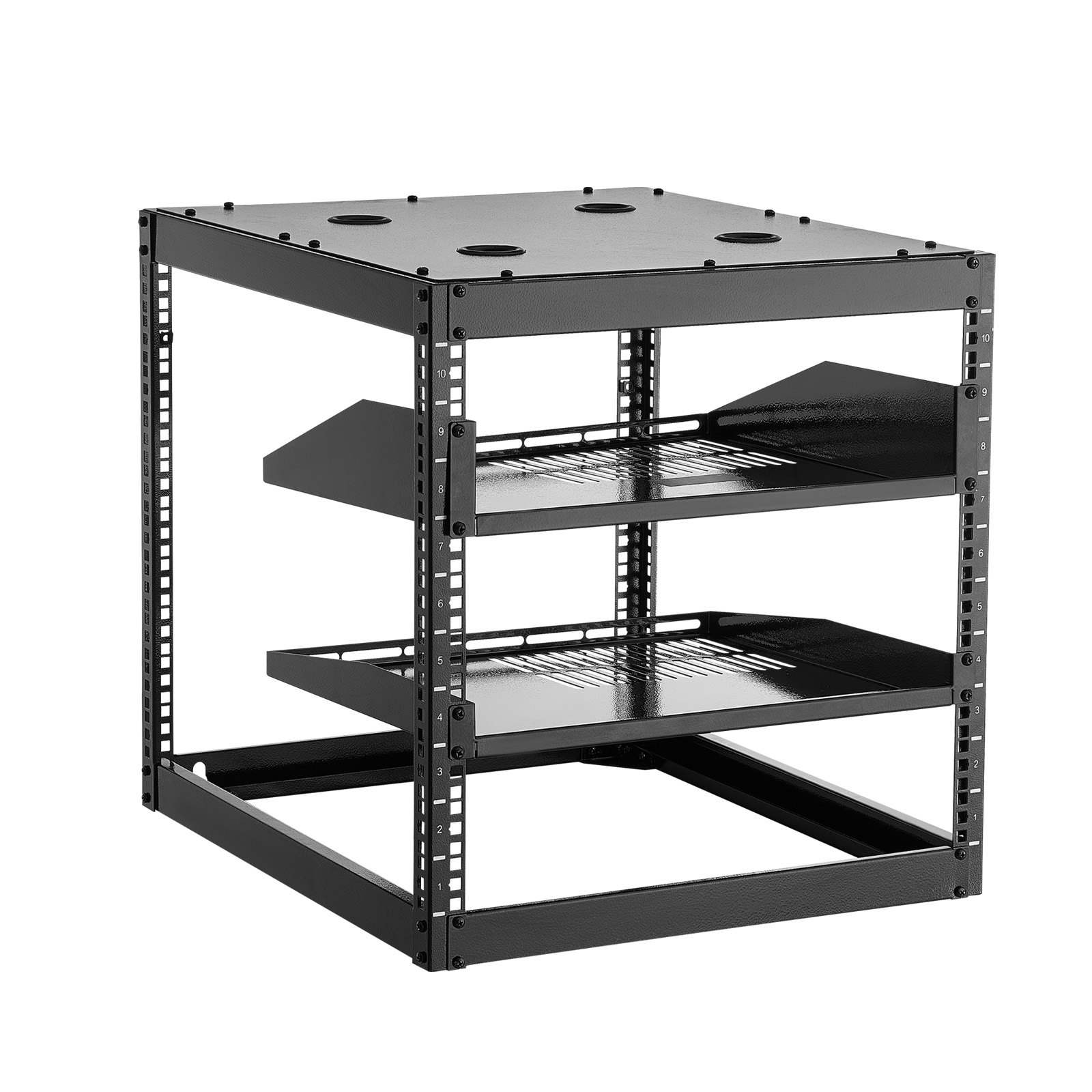 VEVOR Rack de Red Abierto de 10U, 585 mm de Profundidad, Rack de Servidores de Pared o de Suelo, Resistente 4 Postes, con Estantes Ventilados y Herrajes de Montaje, para Todo Equipo de Red/IT/AV