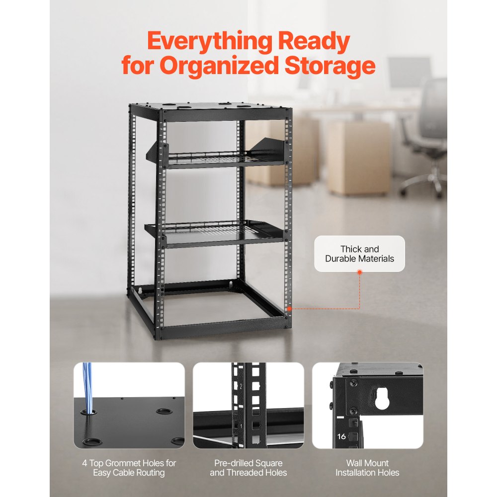 VEVOR Rack de Red Abierto de 16U, 585 mm de Profundidad, Rack de Servidores de Pared o de Suelo, Resistente 4 Postes, con Estantes Ventilados y Herrajes de Montaje, para Todo Equipo de Red/IT/AV