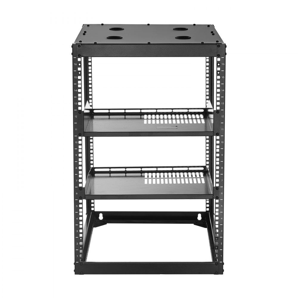 VEVOR Rack de Red Abierto de 16U, 585 mm de Profundidad, Rack de Servidores de Pared o de Suelo, Resistente 4 Postes, con Estantes Ventilados y Herrajes de Montaje, para Todo Equipo de Red/IT/AV