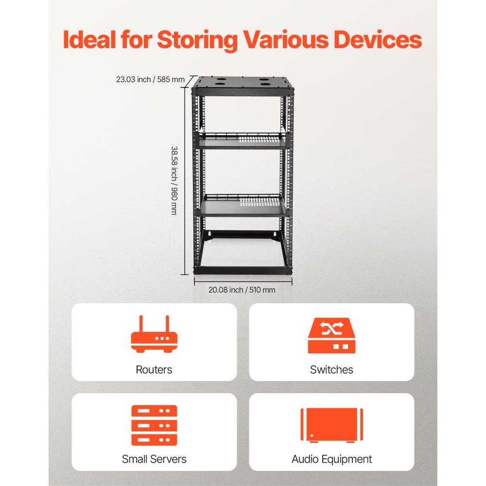 VEVOR Rack de Red Abierto de 20U, 585 mm de Profundidad, Rack de Servidores de Pared o de Suelo, Resistente 4 Postes, con Estantes Ventilados y Herrajes de Montaje, para Todo Equipo de Red/IT/AV
