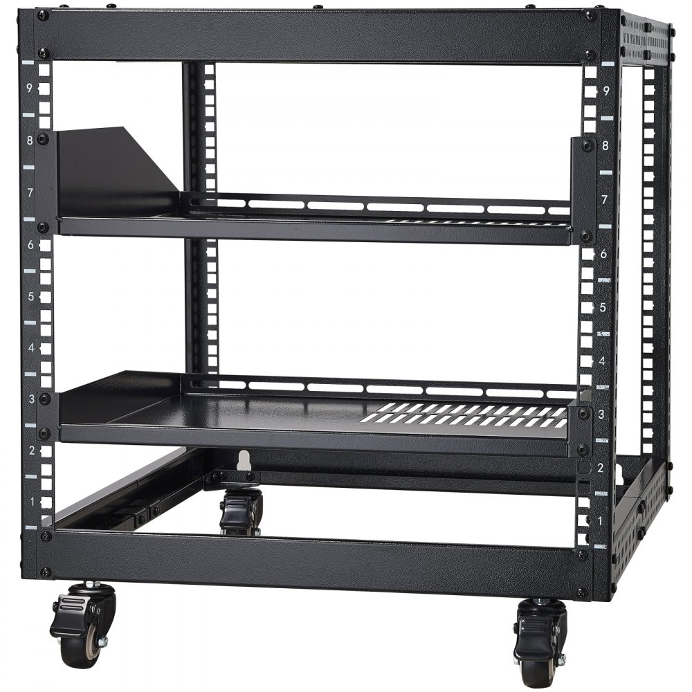 VEVOR 9U Rack de servidor de marco abierto, profundidad ajustable de 23'' a 40'', rack de servidor de red independiente o de montaje en pared con ruedas de 360°, 4 postes resistentes que sostienen todos sus equipos de red, TI, equipos AV, enrutador