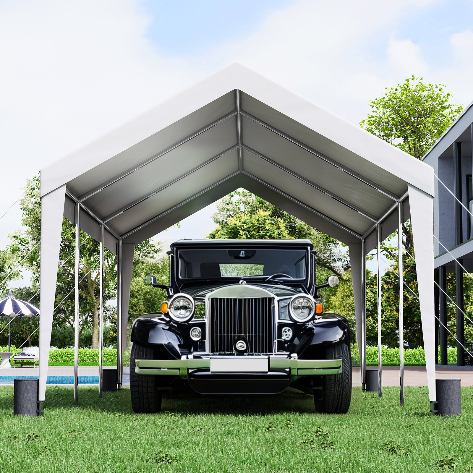 VEVOR Toldo para Cochera 3x6 m Refugio para Garaje Exterior con 8 Postes Reforzados y 4 Bolsas con Peso, Resistente a los Rayos UV, Impermeable, Refugio Instantáneo para Fiestas, Jardín, Barco, Blanco