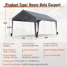 VEVOR Toldo para Cochera 3x6 m Refugio para Garaje Exterior con 8 Postes Reforzados y 4 Bolsas con Peso, Resistente a los Rayos UV, Impermeable, Refugio Instantáneo para, Jardín, Barco, Gris Oscuro