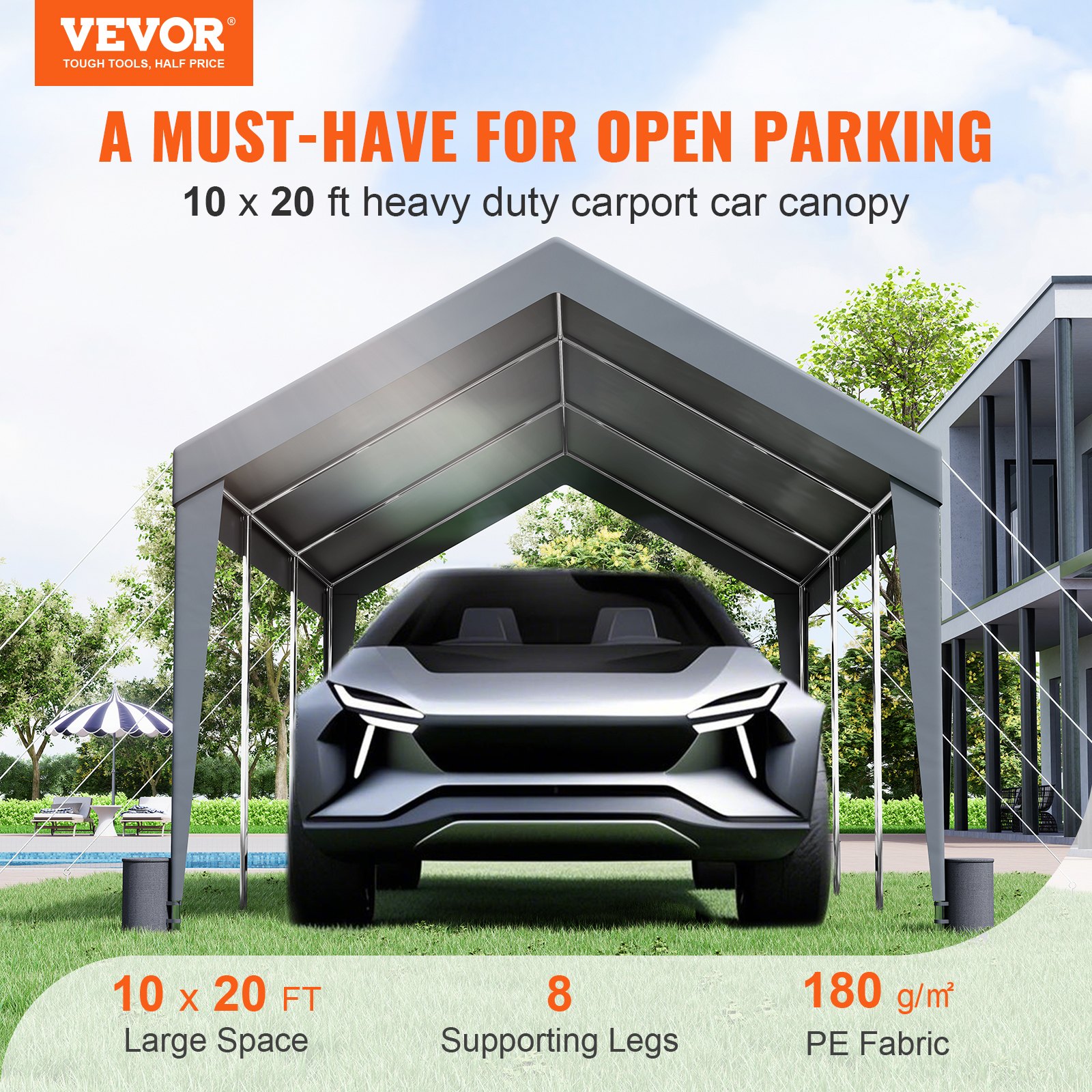 VEVOR Toldo para Cochera 3x6 m Refugio para Garaje Exterior con 8 Postes Reforzados y 4 Bolsas con Peso, Resistente a los Rayos UV, Impermeable, Refugio Instantáneo para, Jardín, Barco, Gris Oscuro