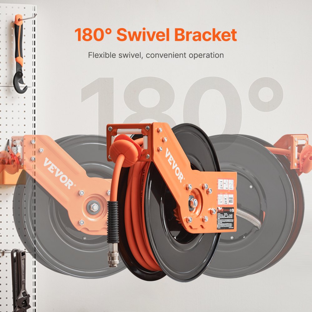 VEVOR Carrete de Manguera de Aire Retráctil 4 Piezas Manguera de Aire Híbrida 3/8" 15,24 m Máxima 300 PSI Carrete de Brazo Único Resistente para Montaje en Techo o Pared Soporte Giratorio de 180°