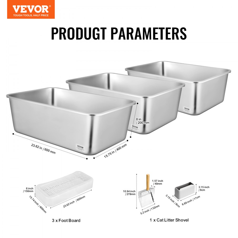 VEVOR 3 PCS Caja de Arena para Gatos de 60 x 40 x 20 cm, Arenero Extragrande de Acero Inoxidable con Pala, Tablero Ancho con Filtro y Lados Altos, Caja de Arena Abierta sin Olores para Gatos Grandes