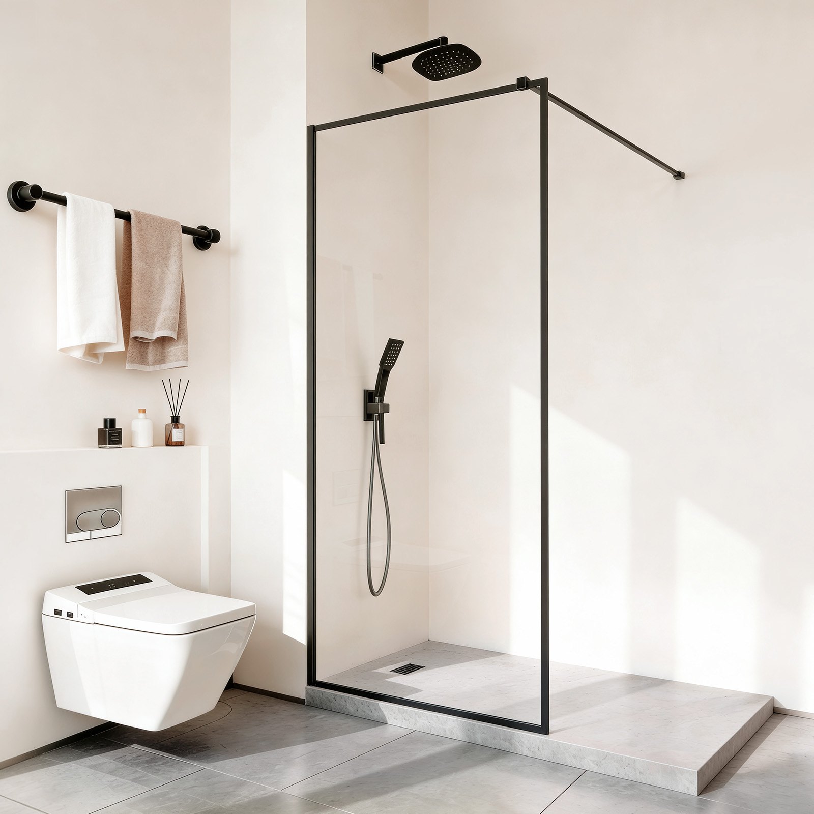 VEVOR Mampara de Ducha Fija 86,4 x 187 cm, Elegancia Contemporánea, con Marco, Diseño Impermeable para Un Baño Seco, Vidrio Templado Transparente de 8 mm de Grosor, con Junta Inferior y Herrajes