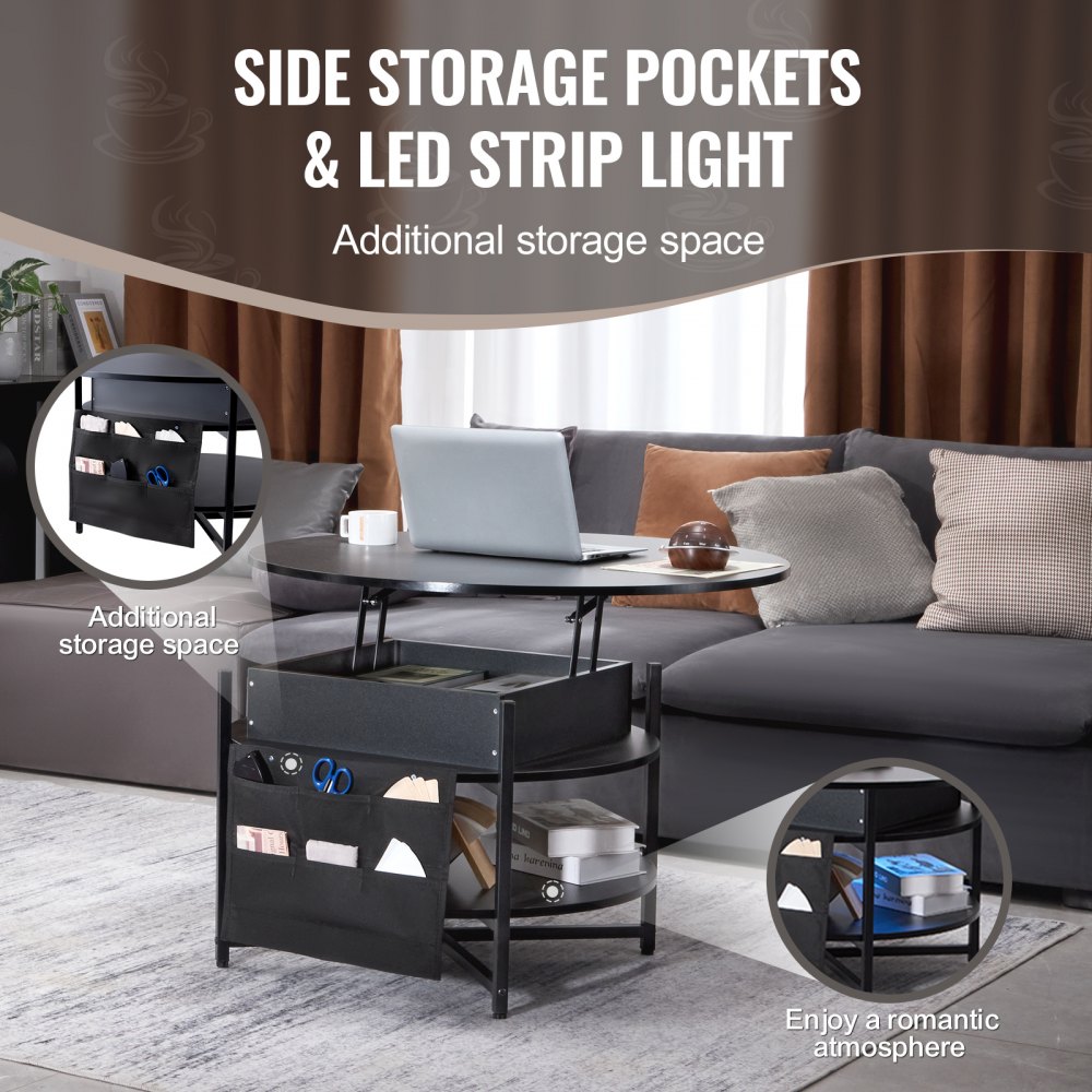 VEVOR Mesa de Centro con Tapa Elevable 900x900x510 mm Mesa de Café Redonda para Salón con Bolsillos de Almacenamiento Adicionales Capacidad de 50 kg Mesa de Centro Emergente para Salón, Negro