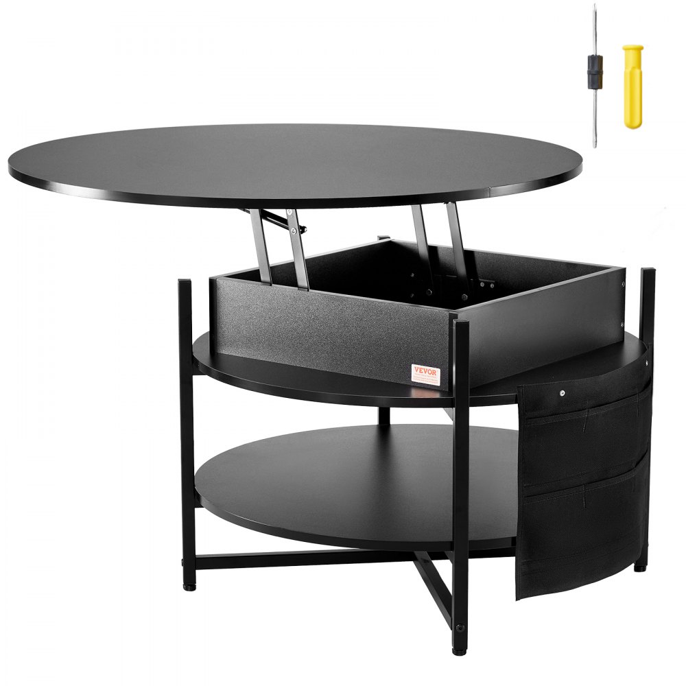 VEVOR Mesa de Centro con Tapa Elevable 900x900x510 mm Mesa de Café Redonda para Salón con Bolsillos de Almacenamiento Adicionales Capacidad de 50 kg Mesa de Centro Emergente para Salón, Negro