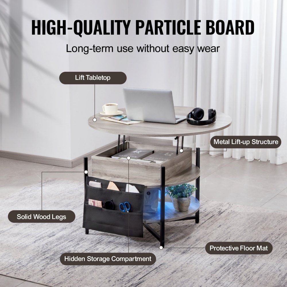 VEVOR Mesa de Centro con Tapa Elevable 900x900x510 mm Mesa de Café Redonda para Salón con Bolsillos de Almacenamiento Adicionales Capacidad de 50 kg Mesa de Centro Emergente para Salón, Gris Oscuro