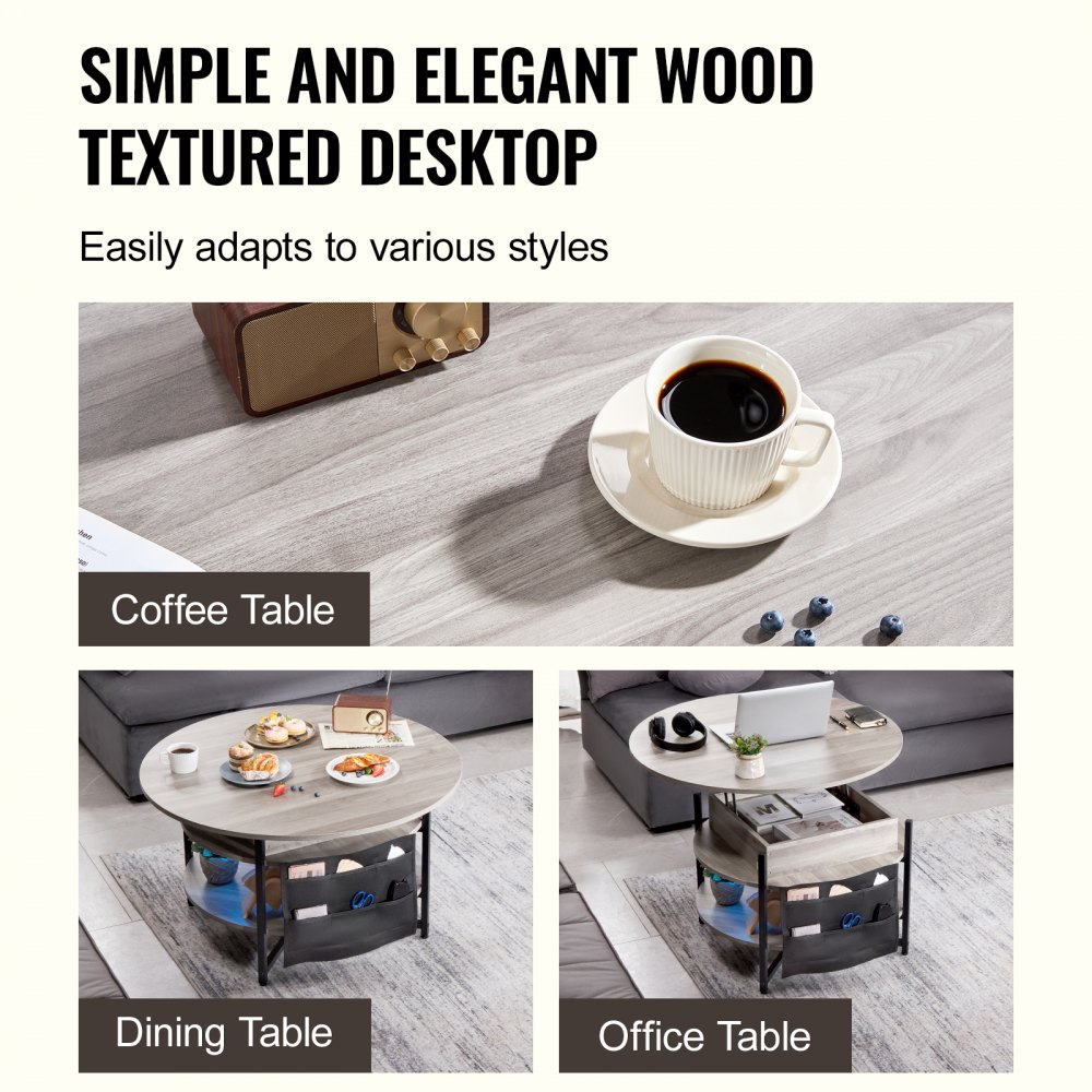 VEVOR Mesa de Centro con Tapa Elevable 900x900x510 mm Mesa de Café Redonda para Salón con Bolsillos de Almacenamiento Adicionales Capacidad de 50 kg Mesa de Centro Emergente para Salón, Gris Oscuro