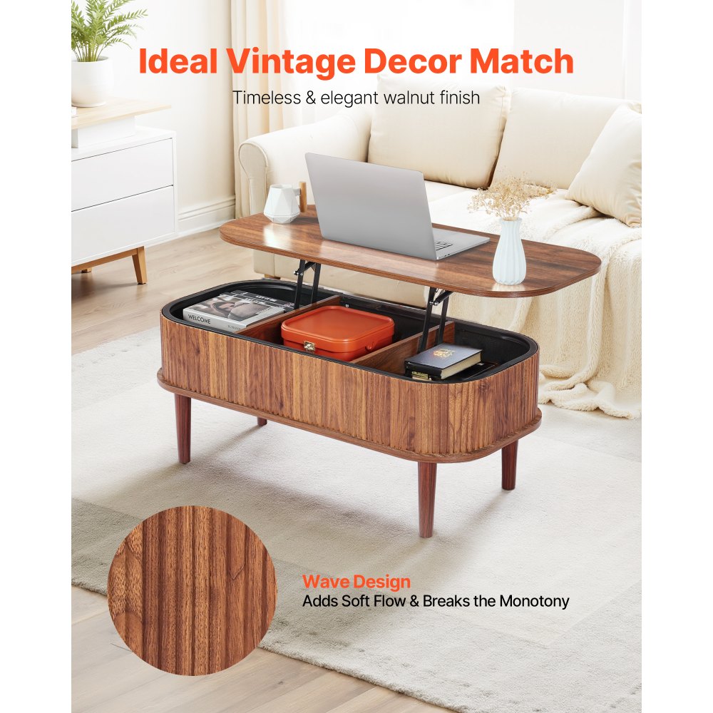 VEVOR Mesa de Centro Elevable 100 cm, Mesa de Café Multifuncional con 3 Compartimentos de Almacenamiento Ocultos, Mesita de Salón o Comedor de Madera para Sala, Oficina, Hogar, Color de Nogal