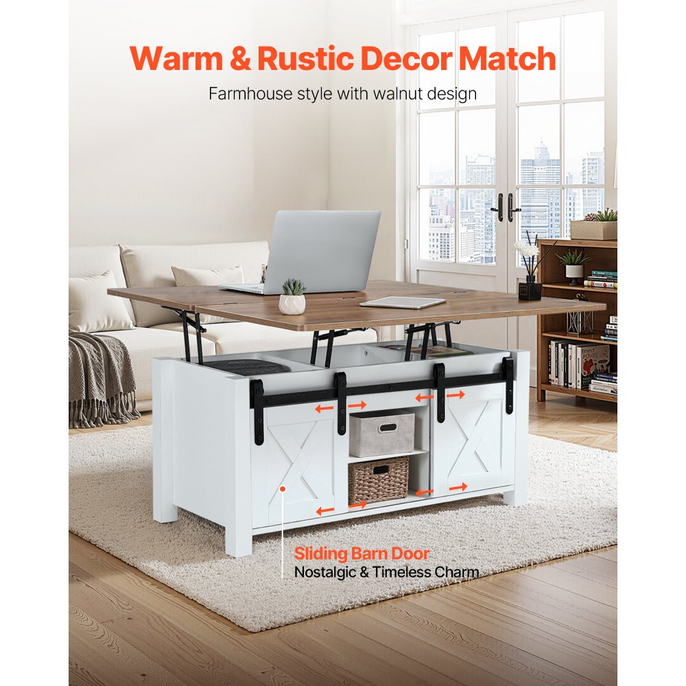 VEVOR Mesa de Centro Elevable 100 cm, Mesa de Café con Puerta Estilo Granero y Compartimento de Almacenamiento Oculto, Mesita de Salón o Comedor Tablero de Color Marrón para Salón, Oficina, Hogar