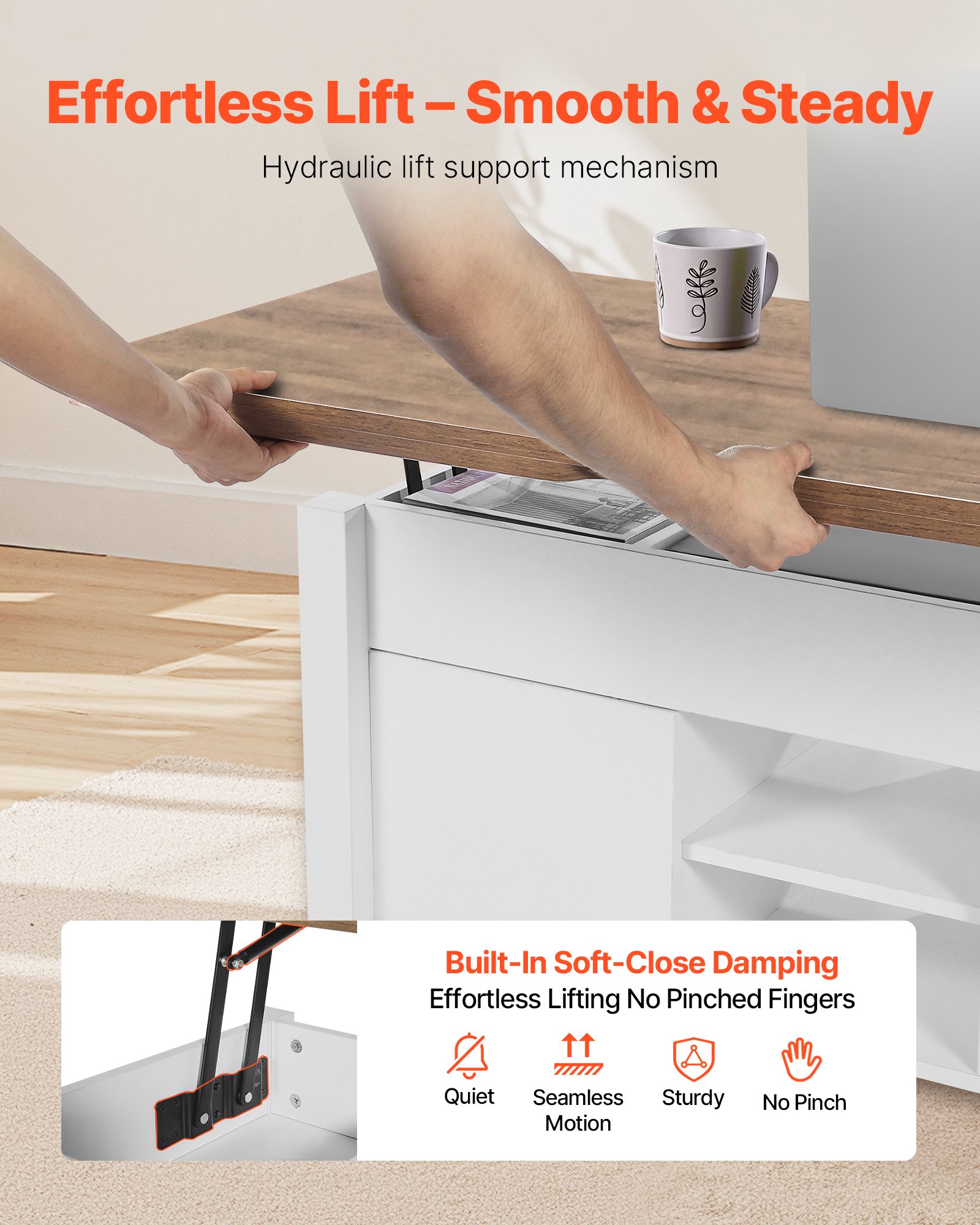 VEVOR Mesa de Centro Elevable 100 cm, Mesa de Café con Puerta Estilo Granero y Compartimento de Almacenamiento Oculto, Mesita de Salón o Comedor Tablero de Color Marrón para Salón, Oficina, Hogar