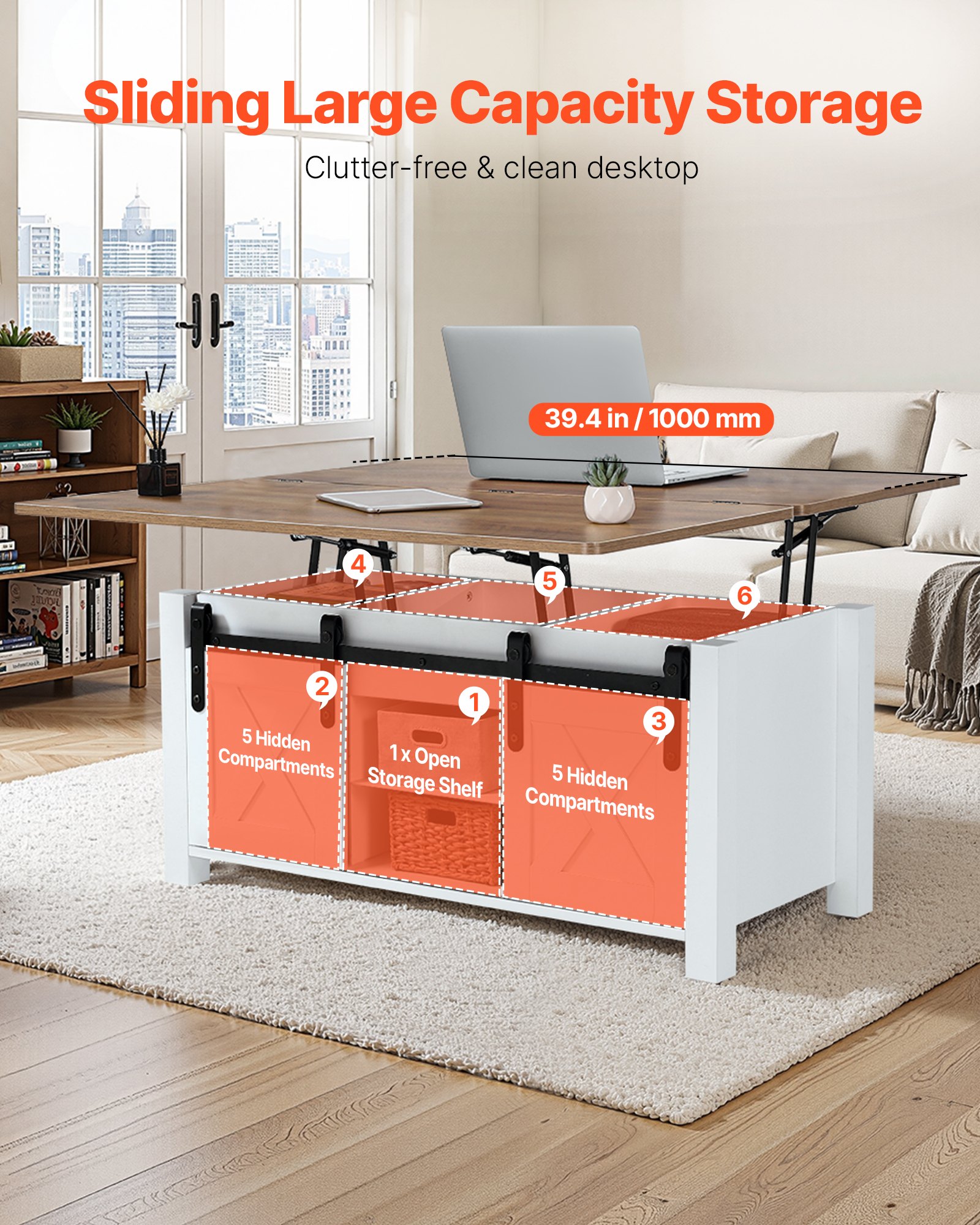 VEVOR Mesa de Centro Elevable 100 cm, Mesa de Café con Puerta Estilo Granero y Compartimento de Almacenamiento Oculto, Mesita de Salón o Comedor Tablero de Color Marrón para Salón, Oficina, Hogar