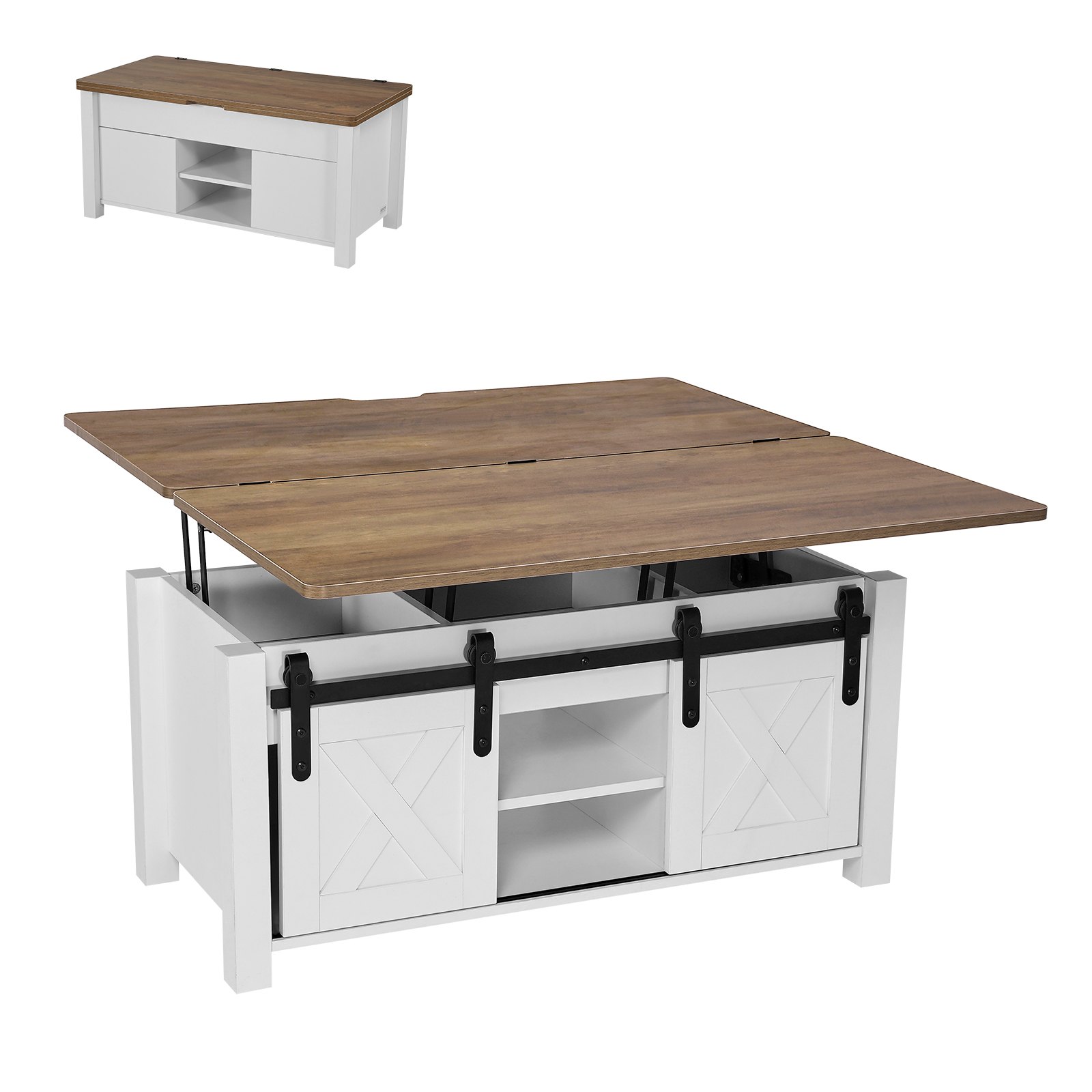 VEVOR Mesa de Centro Elevable 100 cm, Mesa de Café con Puerta Estilo Granero y Compartimento de Almacenamiento Oculto, Mesita de Salón o Comedor Tablero de Color Marrón para Salón, Oficina, Hogar