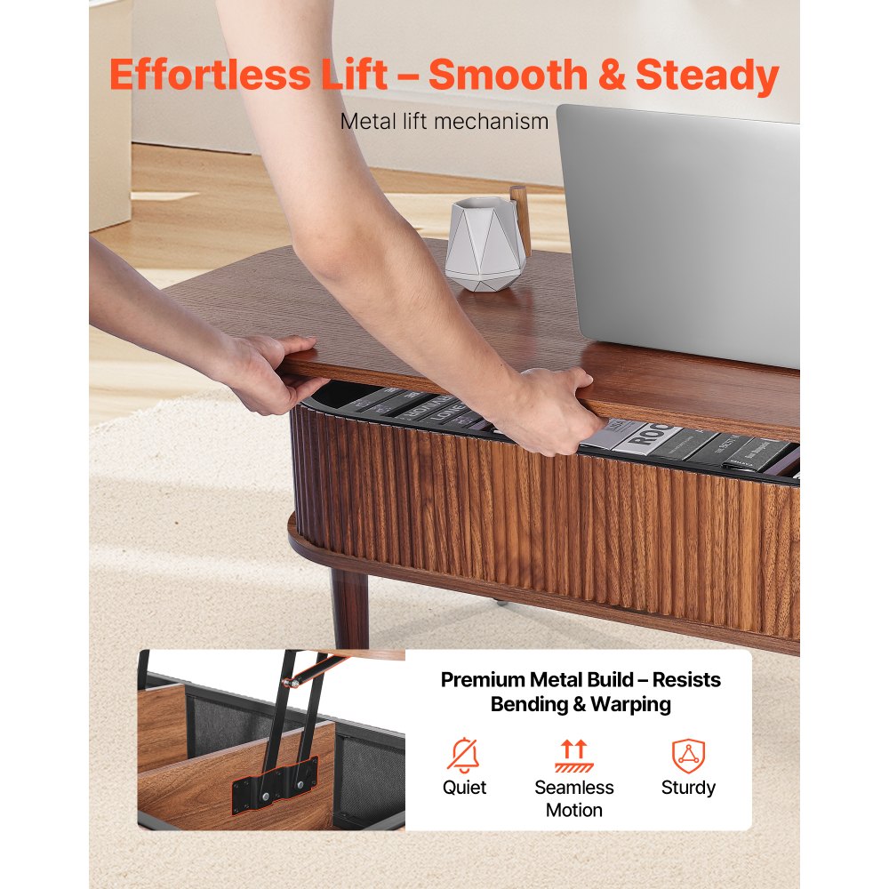 VEVOR Mesa de Centro Elevable 1000 x 480 x 405 mm, Mesa de Salón o Comedor con Espacio Oculto, Acabado Acanalado, Estilo Moderno, Mesita Multifuncional, para Hogar Sala de Estar Oficina, Color Nogal