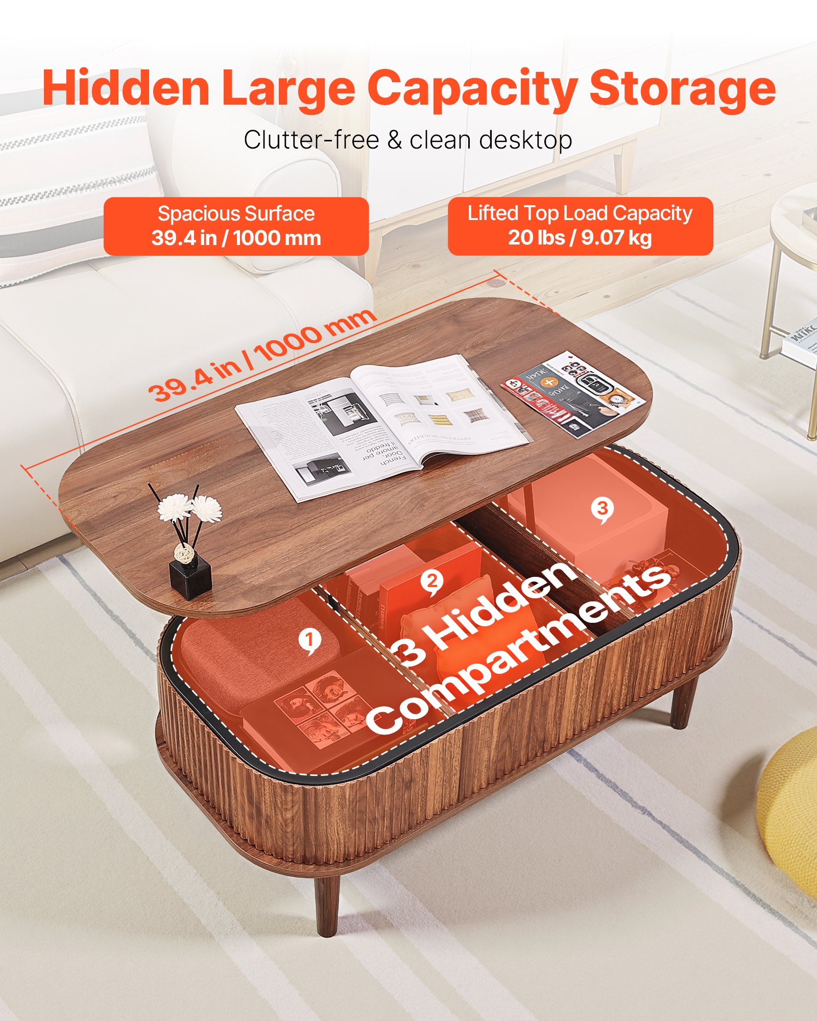VEVOR Mesa de Centro Elevable 1000 x 480 x 405 mm, Mesa de Salón o Comedor con Espacio Oculto, Acabado Acanalado, Estilo Moderno, Mesita Multifuncional, para Hogar Sala de Estar Oficina, Color Nogal