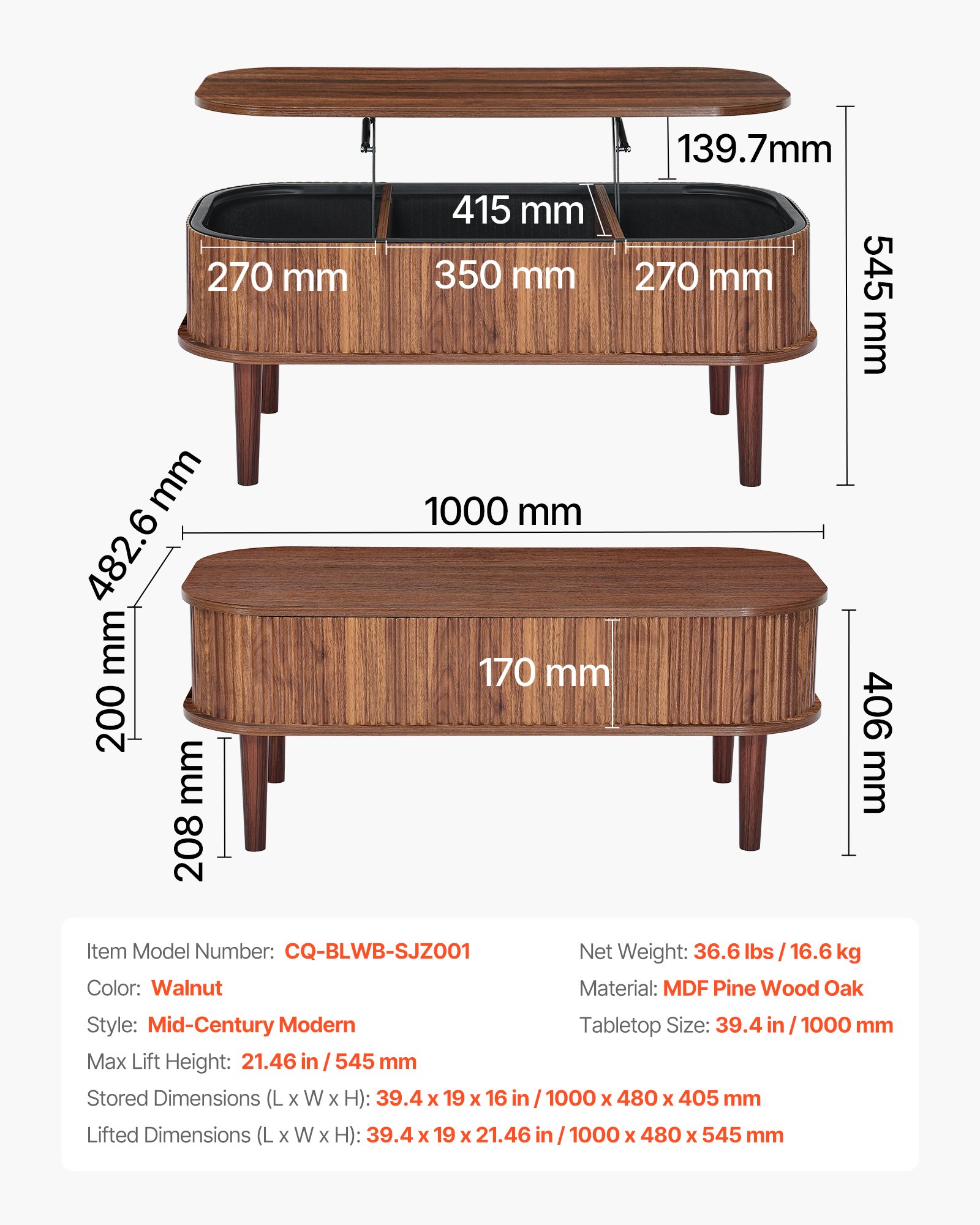 VEVOR Mesa de Centro Elevable 1000 x 480 x 405 mm, Mesa de Salón o Comedor con Espacio Oculto, Acabado Acanalado, Estilo Moderno, Mesita Multifuncional, para Hogar Sala de Estar Oficina, Color Nogal
