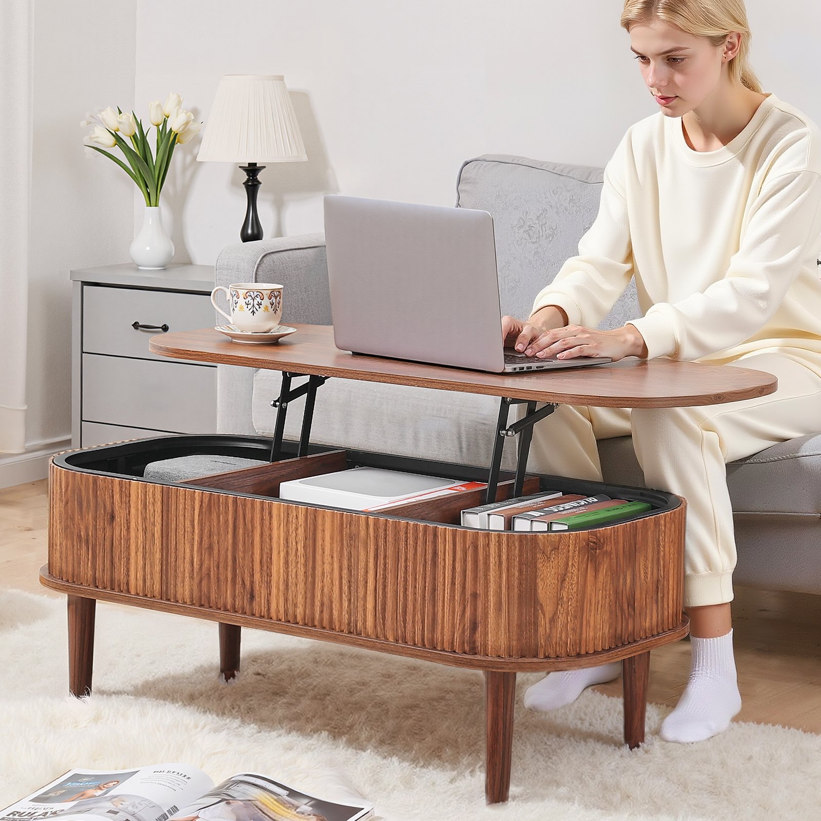 VEVOR Mesa de Centro Elevable 1000 x 480 x 405 mm, Mesa de Salón o Comedor con Espacio Oculto, Acabado Acanalado, Estilo Moderno, Mesita Multifuncional, para Hogar Sala de Estar Oficina, Color Nogal