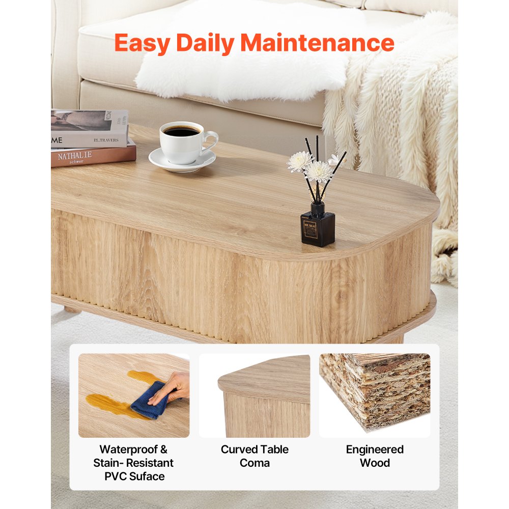 VEVOR Mesa de Centro Elevable, 1000 x 480 x 405 mm, Mesa de Salón o Comedor con 3 Compartimientos Ocultos, Acabado Acanalado de Madera Natural, Mesita Multifuncional, para Hogar Oficina Sala de Estar