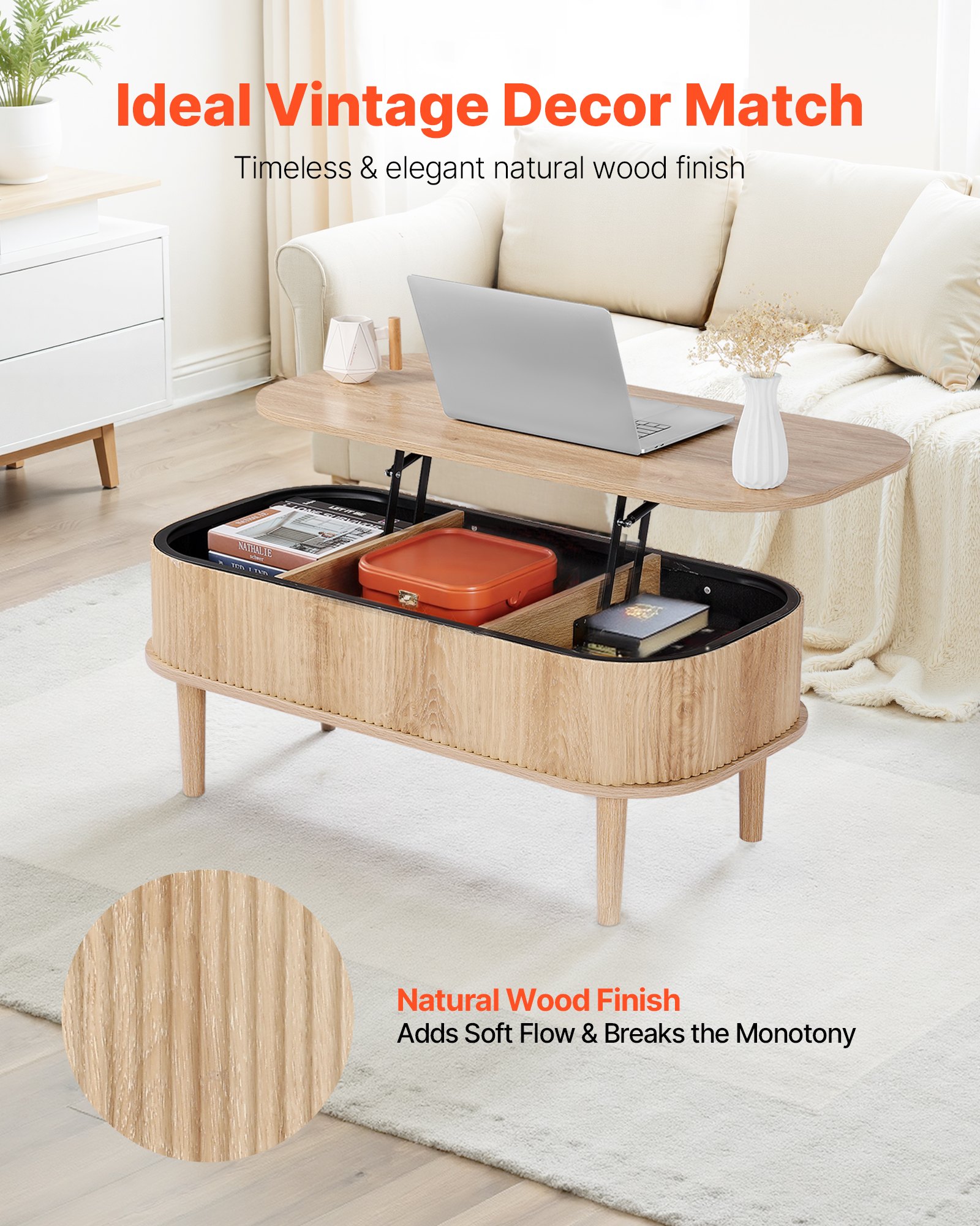 VEVOR Mesa de Centro Elevable, 1000 x 480 x 405 mm, Mesa de Salón o Comedor con 3 Compartimientos Ocultos, Acabado Acanalado de Madera Natural, Mesita Multifuncional, para Hogar Oficina Sala de Estar