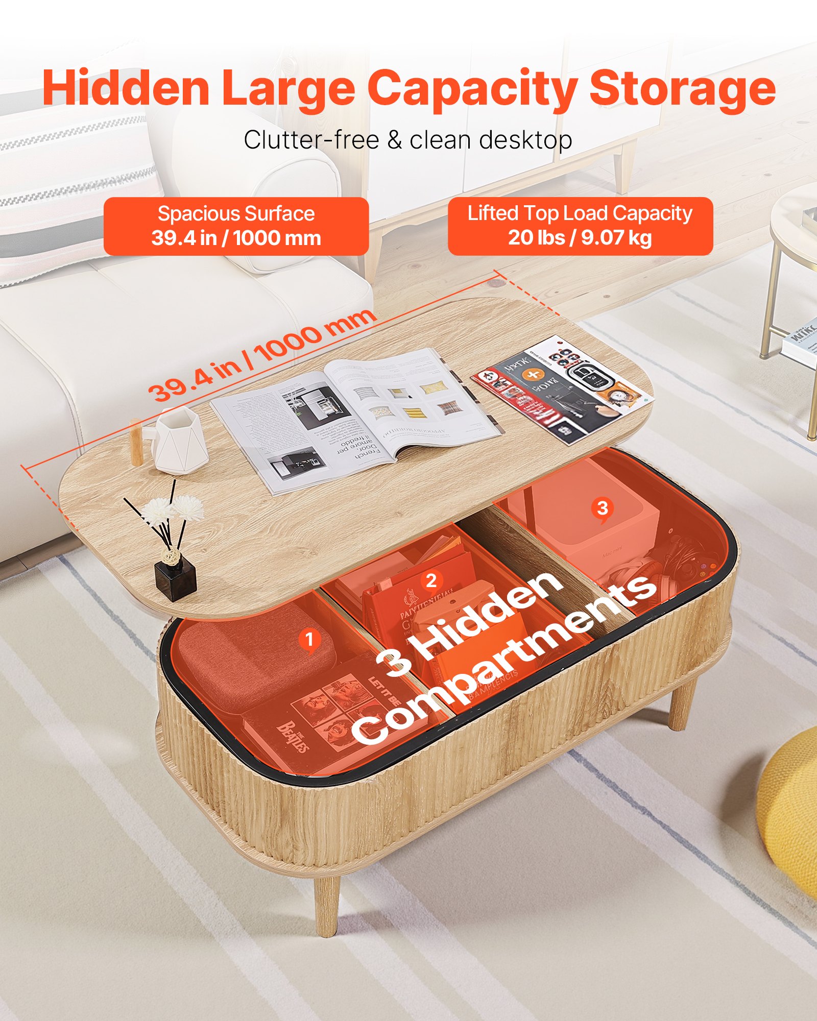 VEVOR Mesa de Centro Elevable, 1000 x 480 x 405 mm, Mesa de Salón o Comedor con 3 Compartimientos Ocultos, Acabado Acanalado de Madera Natural, Mesita Multifuncional, para Hogar Oficina Sala de Estar