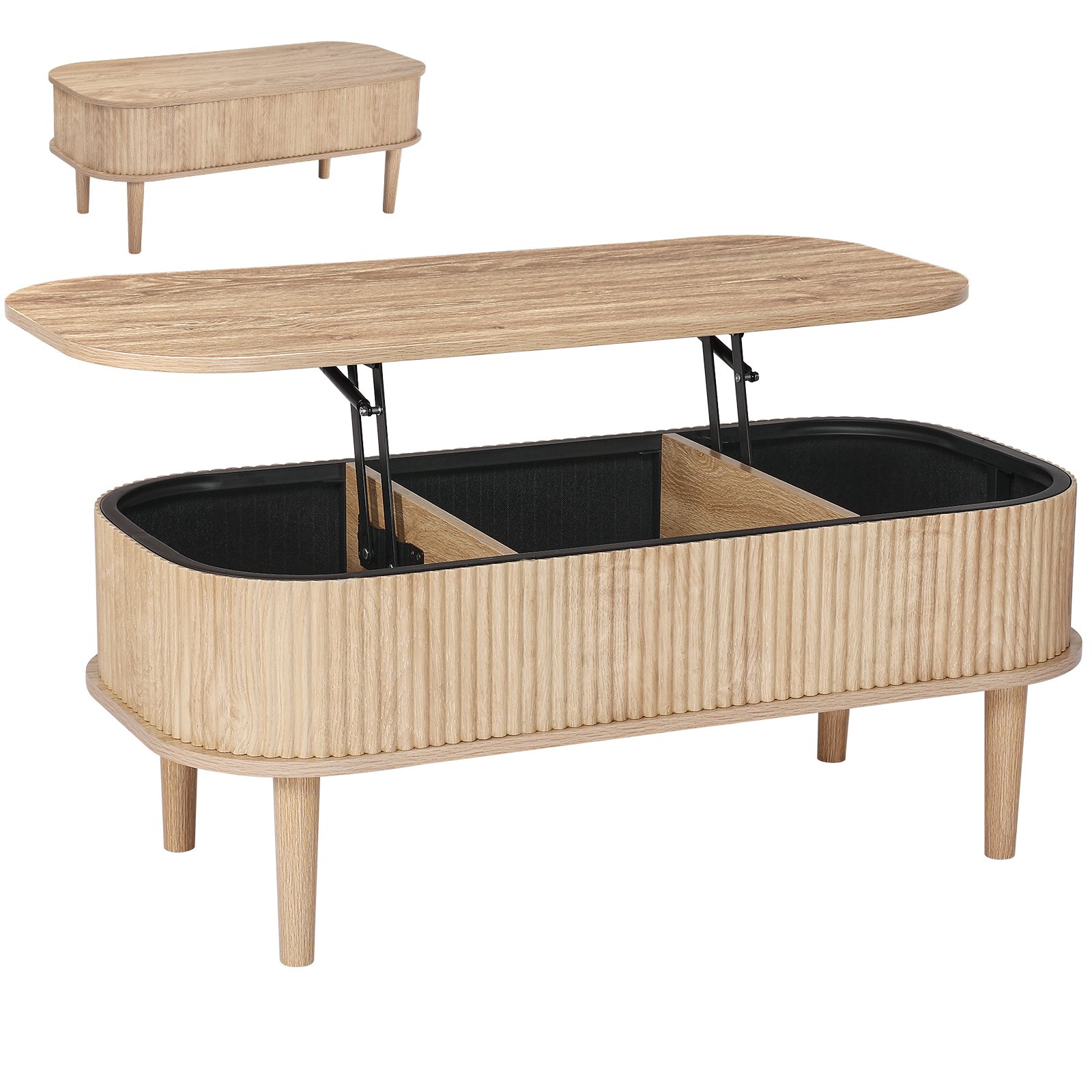 VEVOR Mesa de Centro Elevable, 1000 x 480 x 405 mm, Mesa de Salón o Comedor con 3 Compartimientos Ocultos, Acabado Acanalado de Madera Natural, Mesita Multifuncional, para Hogar Oficina Sala de Estar