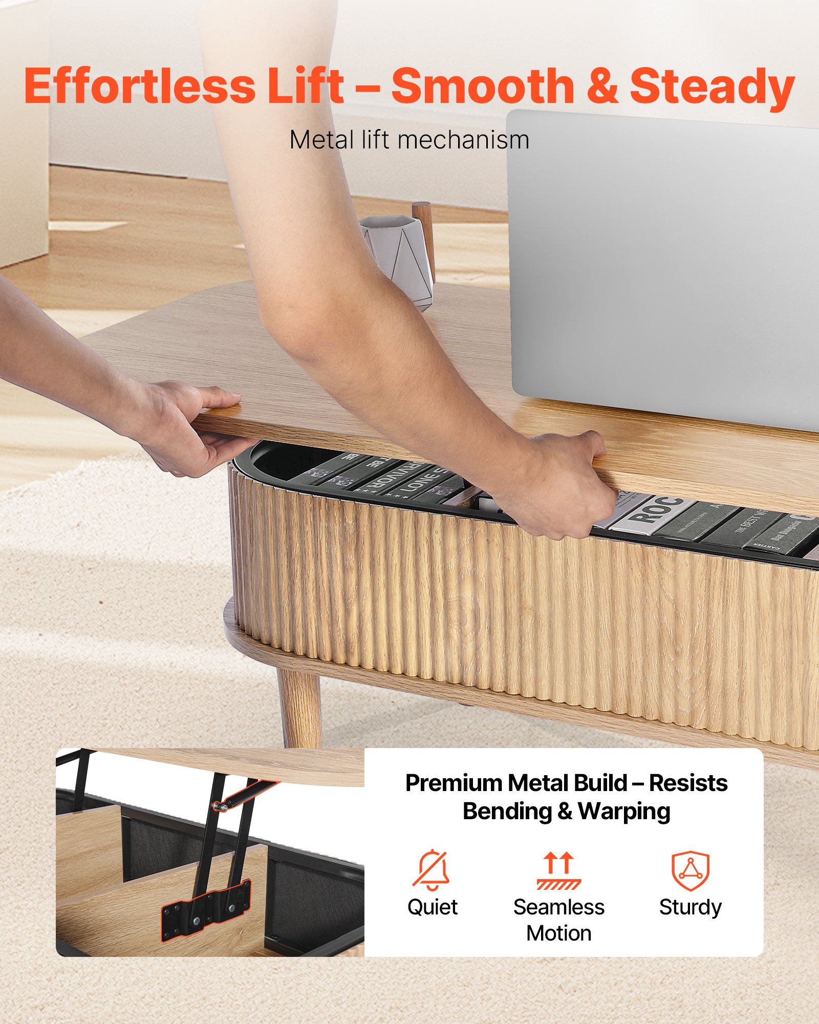 VEVOR Mesa de Centro Elevable 100 cm, Mesa de Café Estable con 3 Compartimentos de Almacenamiento Ocultos, Mesita de Salón o Comedor de Madera, Tablero Elevable para Sala de Estar, Oficina, Hogar