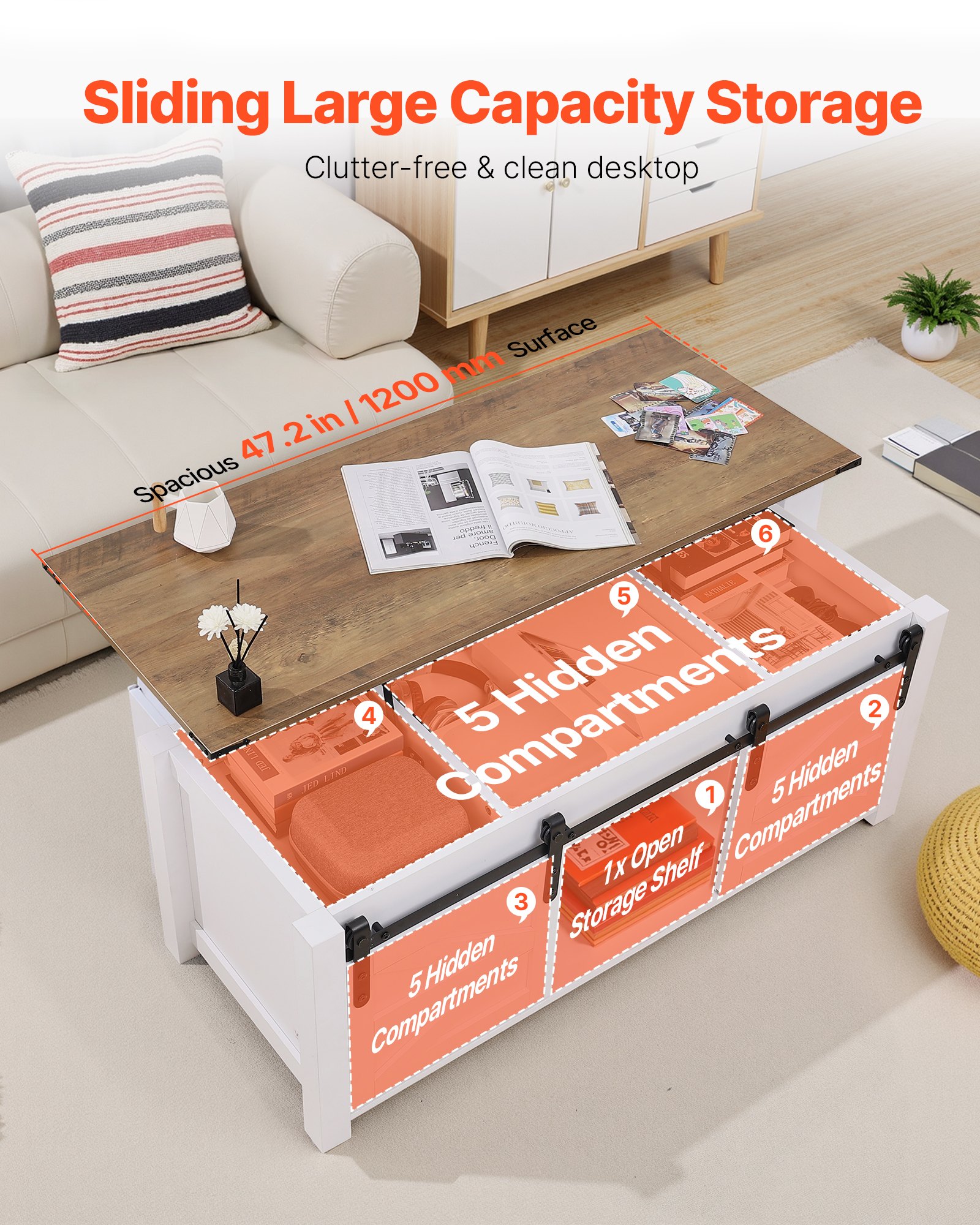 VEVOR Mesa de Centro Elevable 120 cm, Mesa de Café con Puerta Estilo Granero y Compartimento de Almacenamiento Oculto, Mesita de Salón o Comedor Tablero de Color Marrón para Salón, Oficina, Hogar