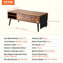 VEVOR Mesa de Centro Elevable Rectangular de 1000 x 498 x 400 mm, Color Marrón