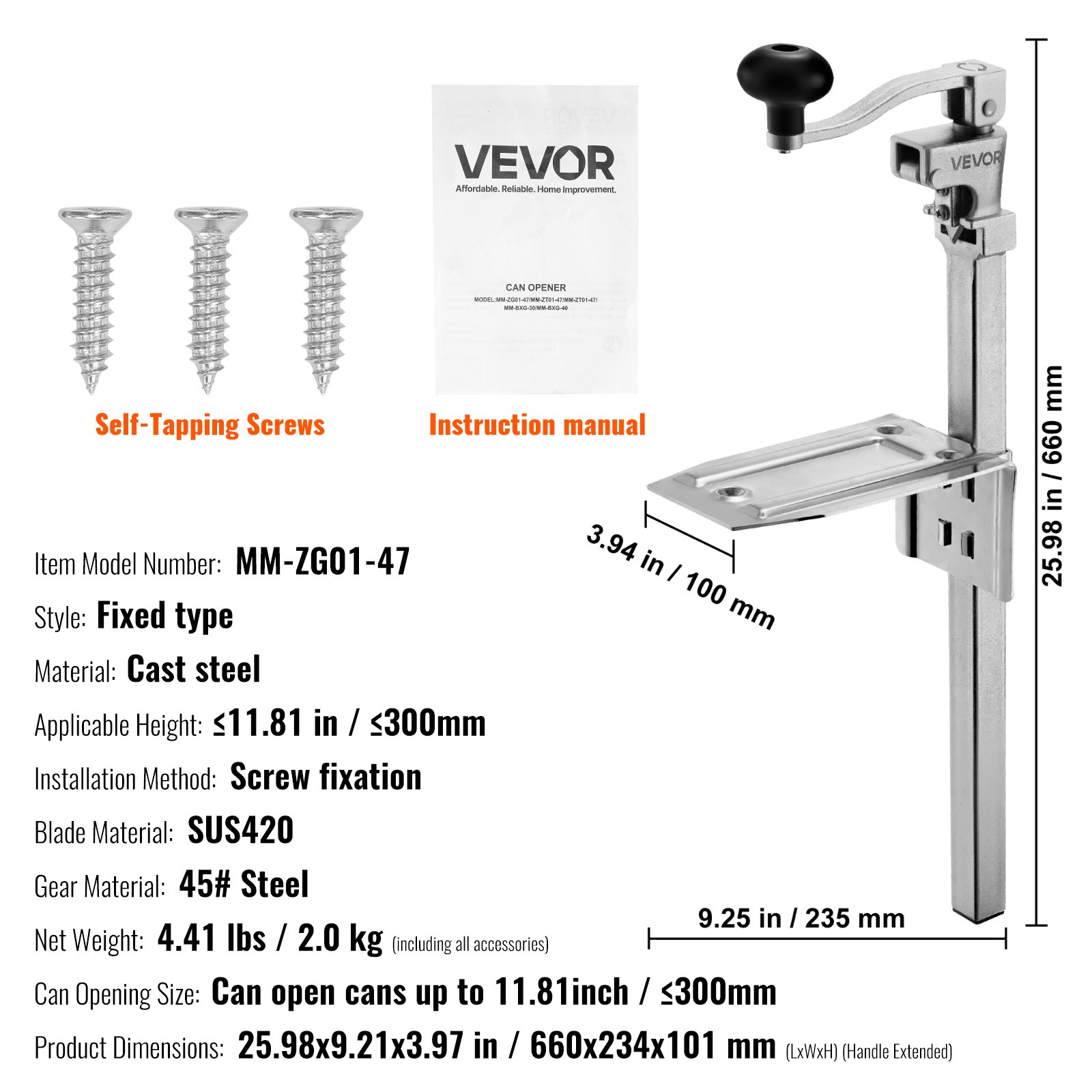 VEVOR Abrelatas, Abrelatas Manual de Sobremesa para Latas de hasta 30 cm de Altura, Altura Ajustable con Tornillos, Acero Fundido para Restaurantes y Hoteles, Tipo Fijo, 235 x 100 x 660 mm