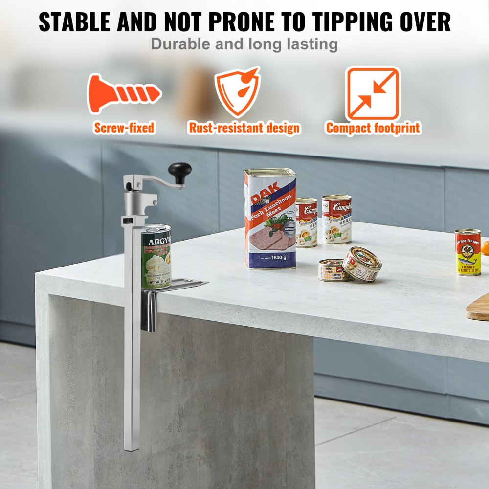VEVOR Abrelatas, Abrelatas Manual de Sobremesa para Latas de hasta 40 cm de Altura, Acero Fundido, Altura Ajustable con Tornillos, para Restaurantes y Tiendas de Comestibles, 235 x 100 x 740 mm