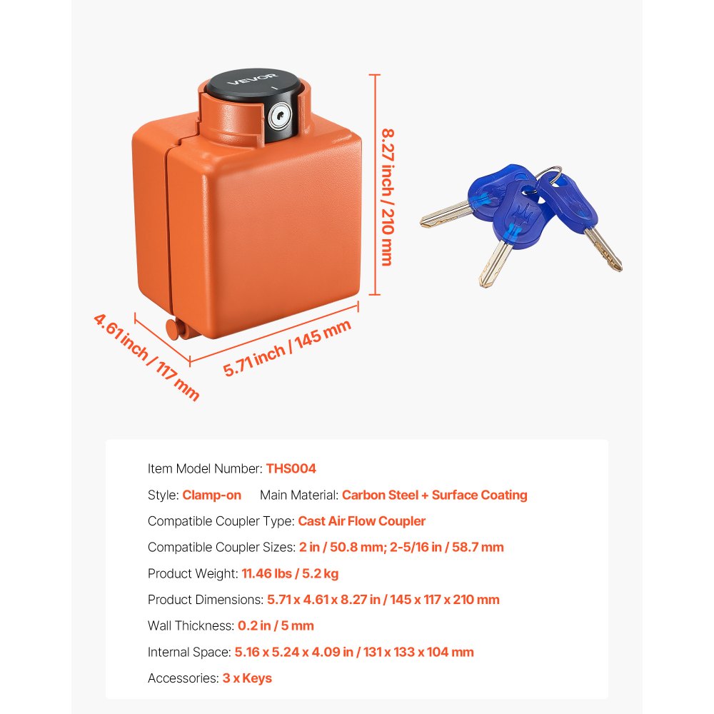 VEVOR Bloqueo de Enganche de Remolque Compatible con Acoplador de Flujo de Aire Fundido de 50,6 y 58,6 mm con 3 Llaves para Asegurar Cadenas de Seguridad Resistente a Corrosión para Remolques de RV