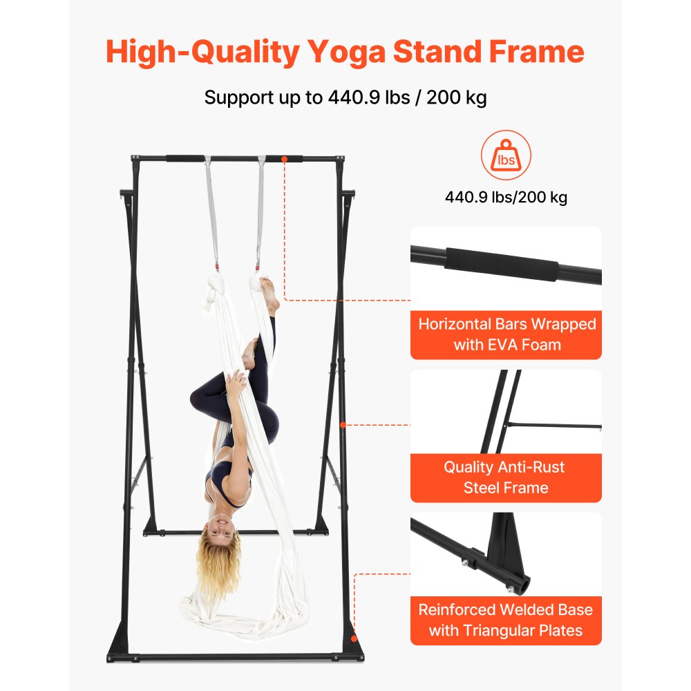 VEVOR Soporte de Yoga con Estructura Triangular Capacidad de 200 kg, Soporte Aéreo de Tela con Espuma EVA y Hamaca de Yoga de 6,6 yardas, Ajuste Horizontal de 4 Niveles y Vertical de 6 Niveles