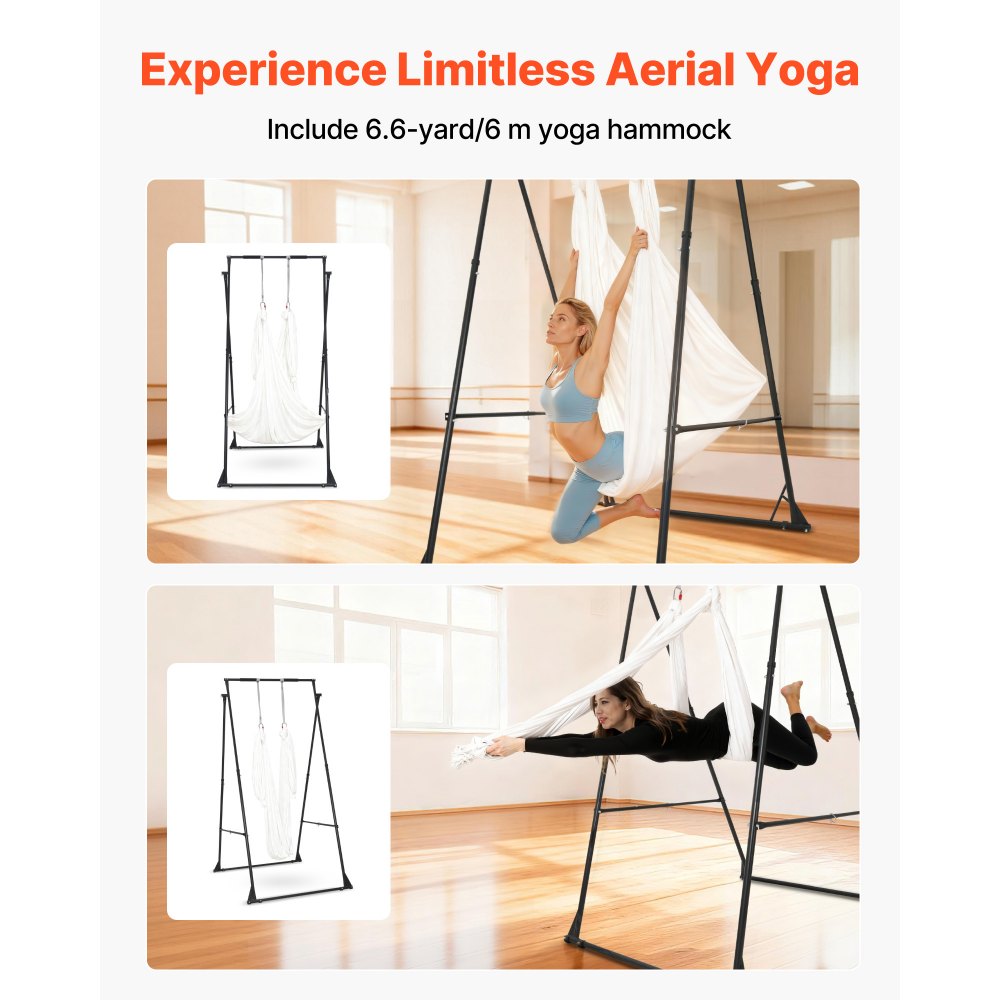 VEVOR Soporte de Yoga con Estructura Triangular Capacidad de 200 kg, Soporte Aéreo de Tela con Espuma EVA y Hamaca de Yoga de 6,6 yardas, Ajuste Horizontal de 4 Niveles y Vertical de 6 Niveles