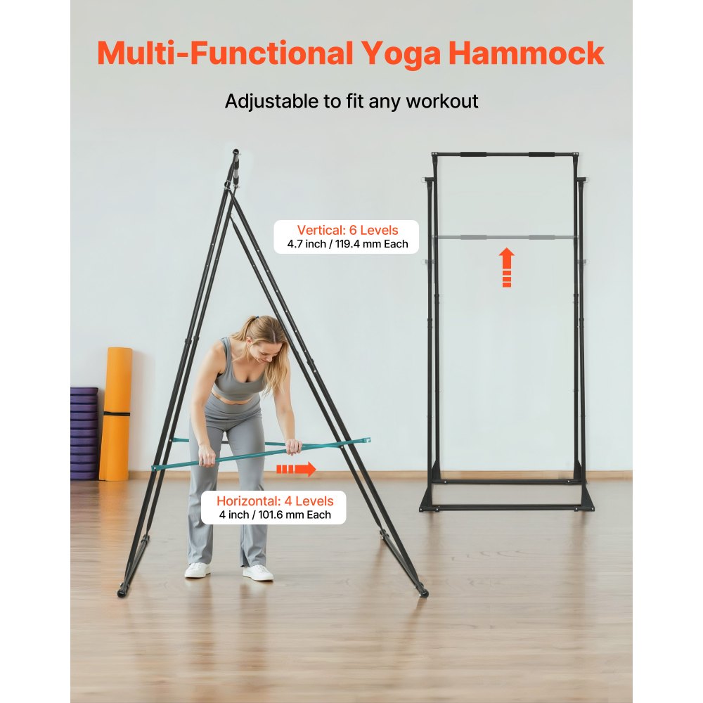 VEVOR Soporte de Yoga con Estructura Triangular Capacidad de 200 kg, Soporte Aéreo de Tela con Espuma EVA y Hamaca de Yoga de 6,6 yardas, Ajuste Horizontal de 4 Niveles y Vertical de 6 Niveles
