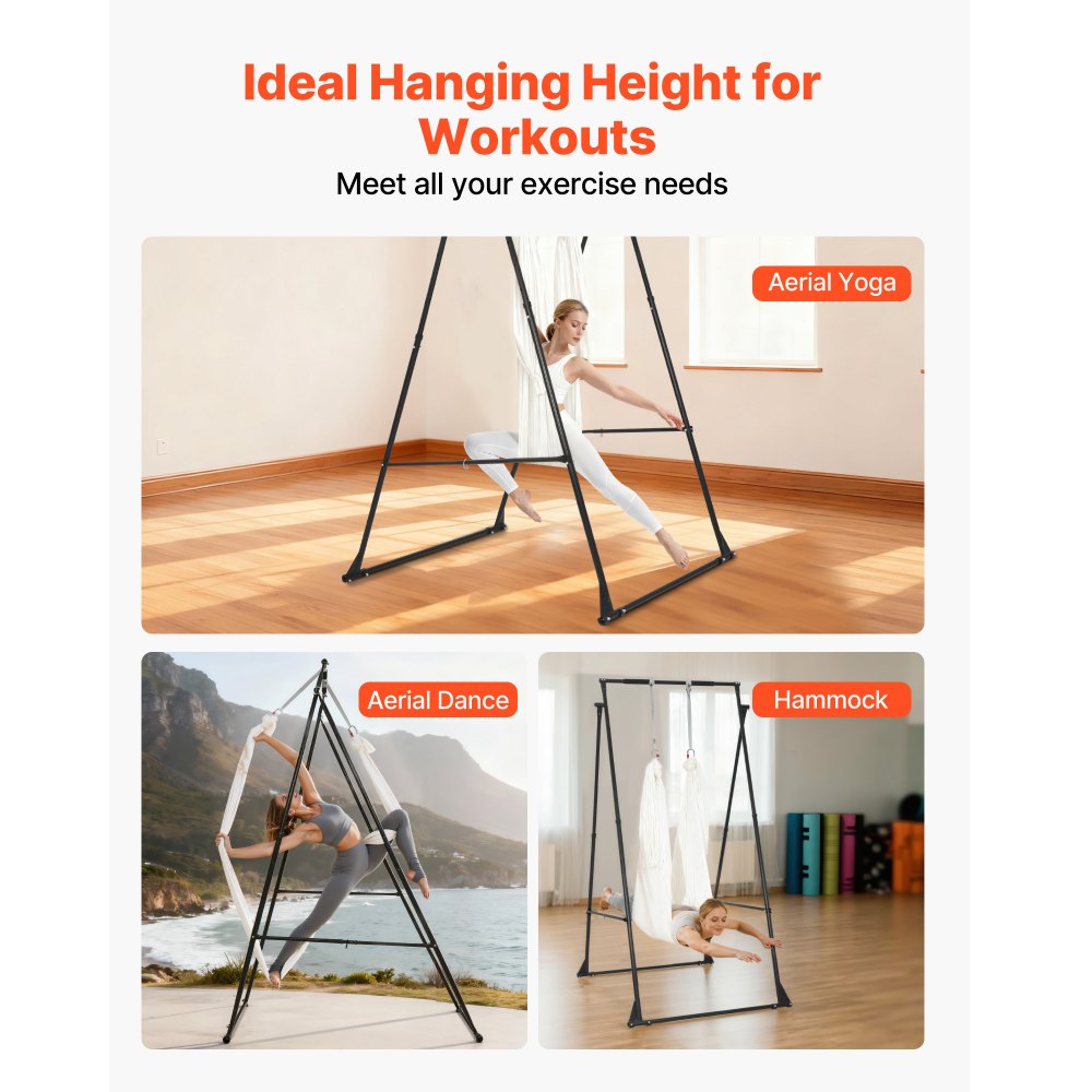 VEVOR Soporte de Yoga con Estructura Triangular Capacidad de 200 kg, Soporte Aéreo de Tela con Espuma EVA y Hamaca de Yoga de 6,6 yardas, Ajuste Horizontal de 4 Niveles y Vertical de 6 Niveles